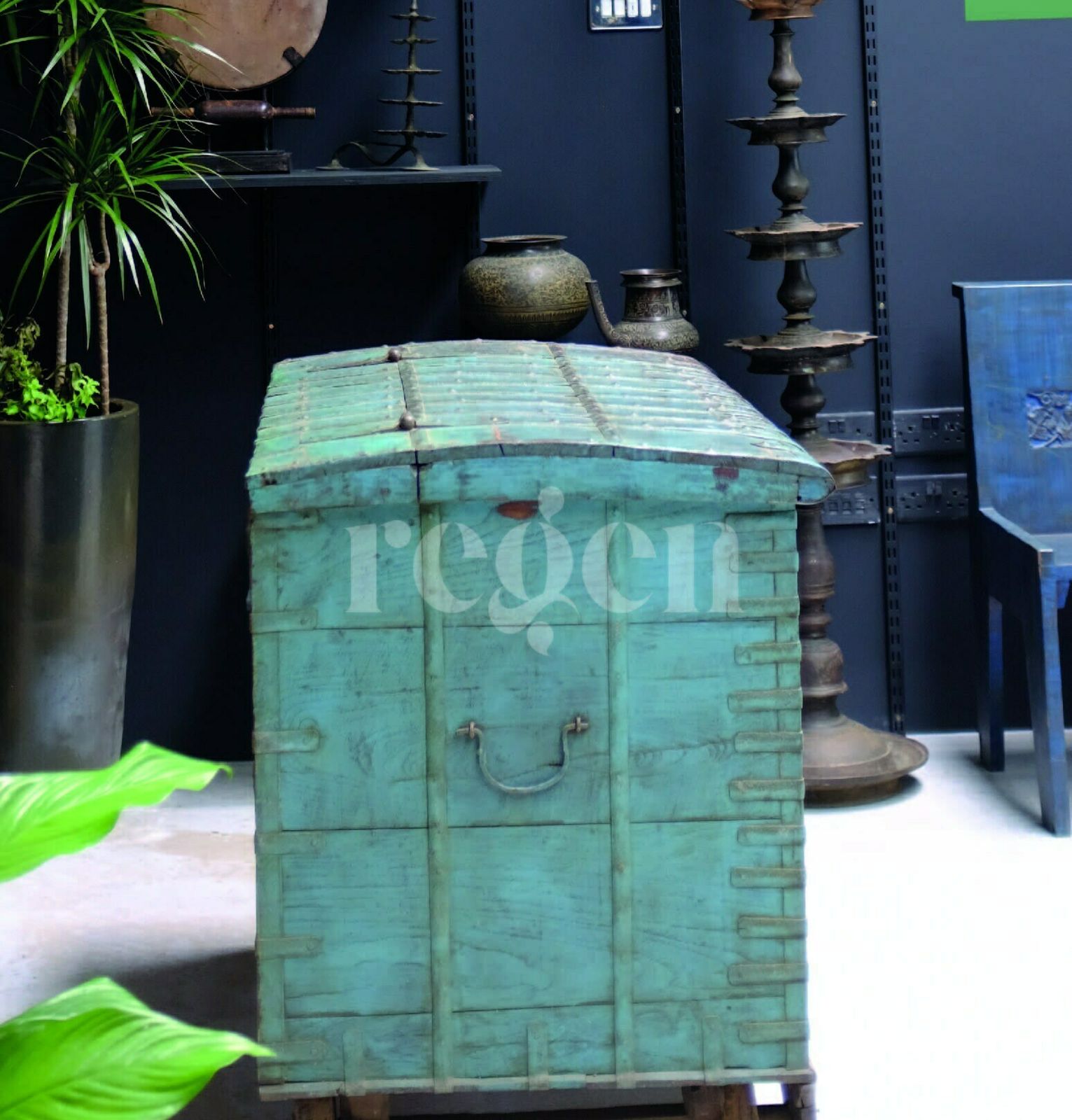 Antique 1800s Indian Teakwood Damchiya On Wheels – Hand Painted Blue Dowry Chest With Iron Strapwork photo Furniture