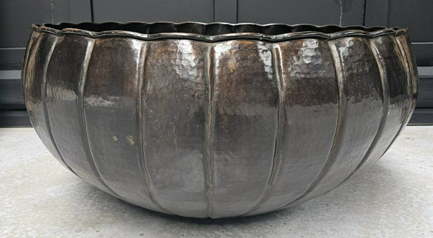 18th Century Lotus Urli Bowl – Antique Hand Hammered Brass Water Vessel From India | Large Decorative Ritual Piece