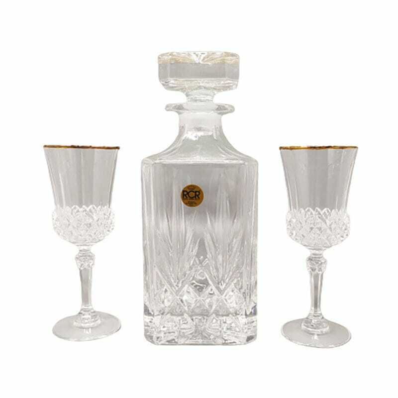 1970s Gorgeous Crystal Decanter With 2 Crystal Glasses By Rcr. Made In Italy