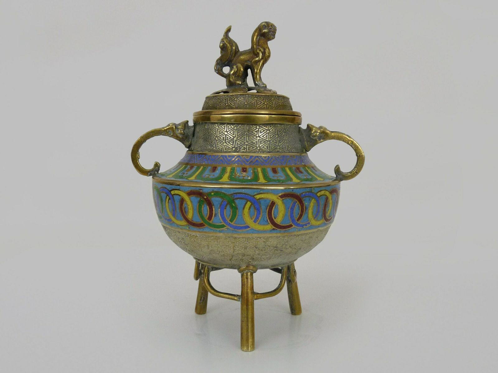 Vietnam. Tripod And Covered Perfume Burner In Gilded Bronze And Cloisonné Enamels photo for sale