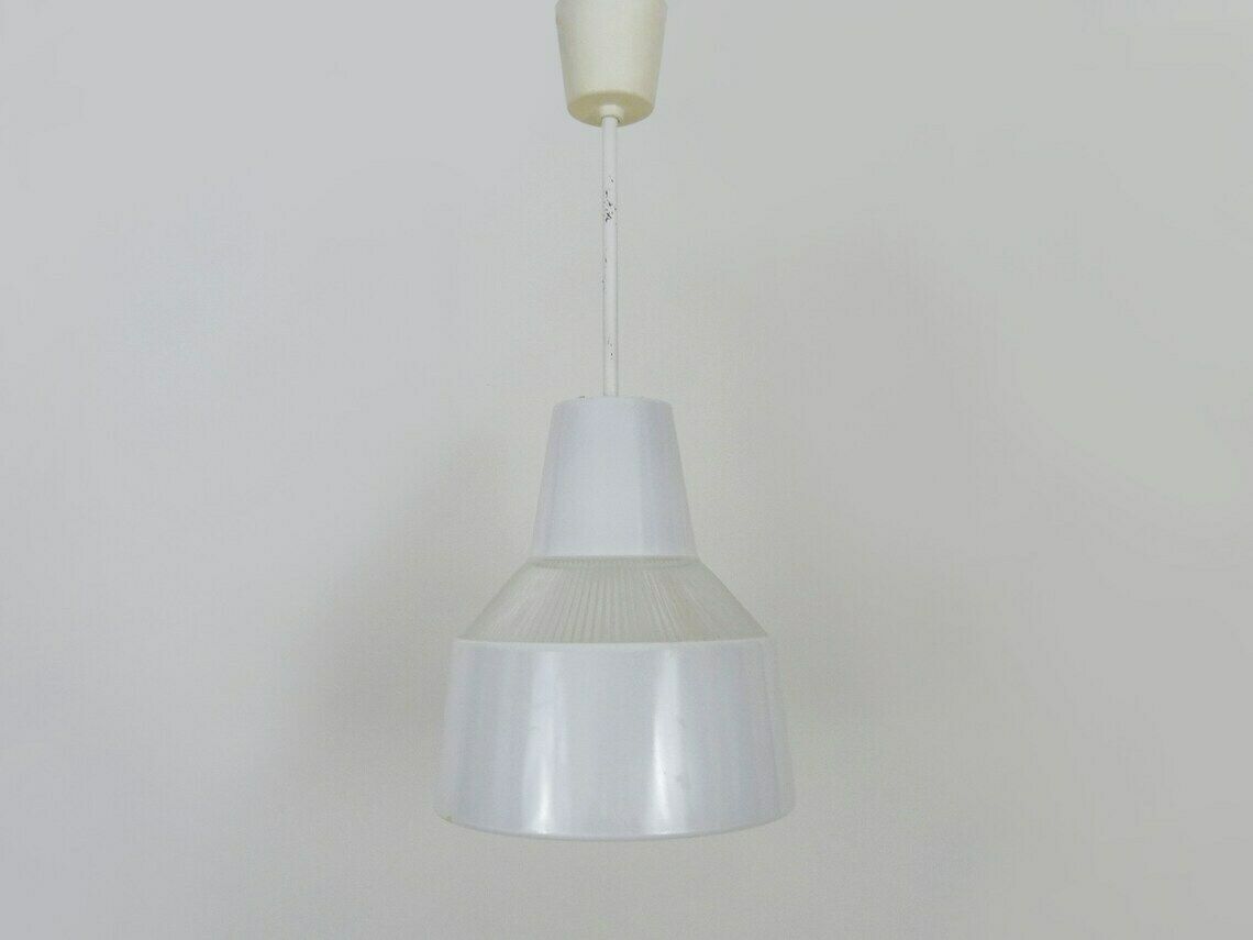 Vintage Industrial Pendant Light In Glass And Metal Rod, Factory, Workshop, Garage