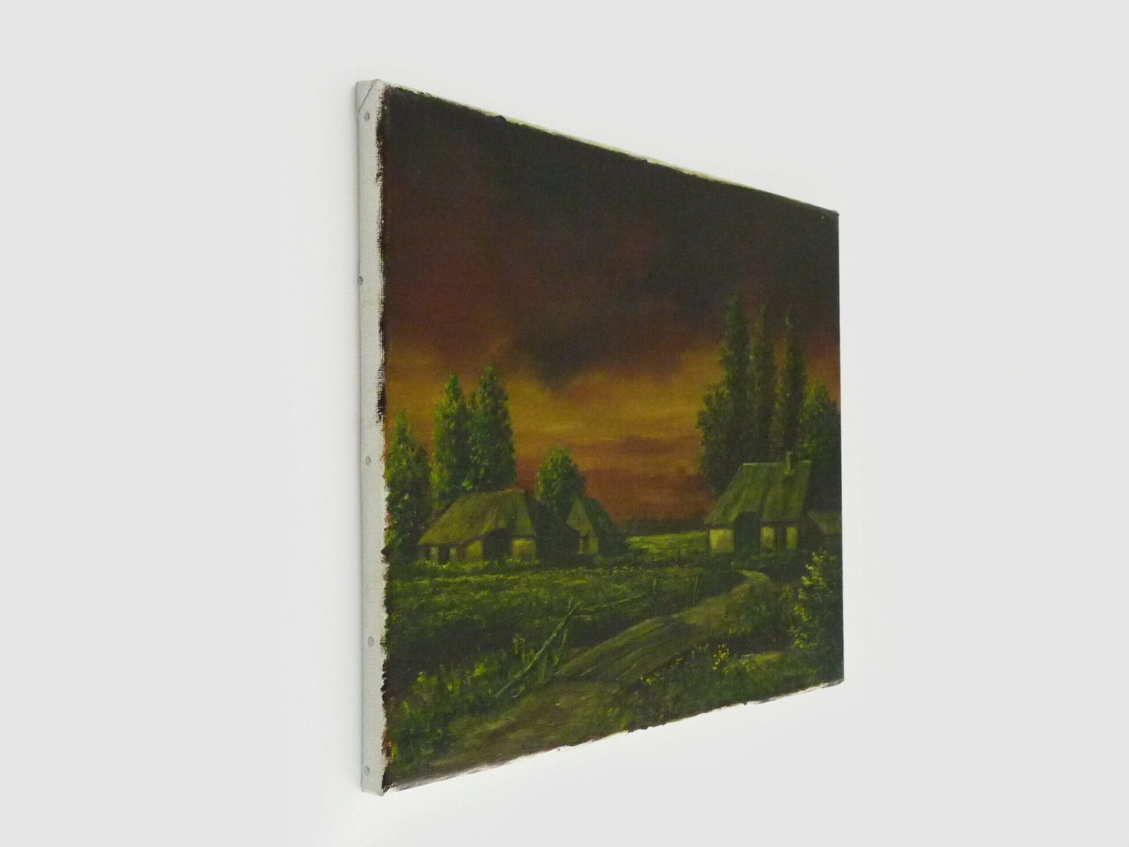 Huile sur toile, village de Jan Van Dooren, coucher de soleil. Signée photo furniture