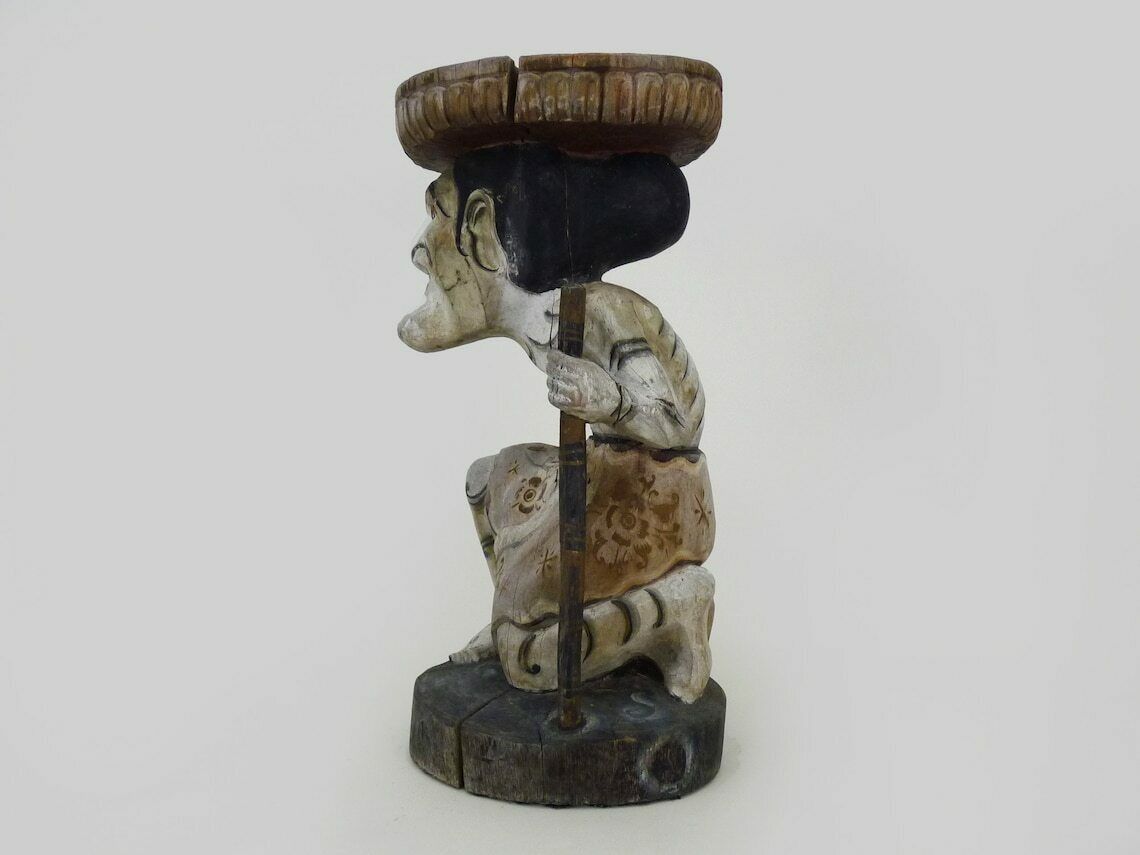 Bolster, Plant Holder, Chinese Sculpture In Polychrome Carved Wood. Early 20th Century photo buy