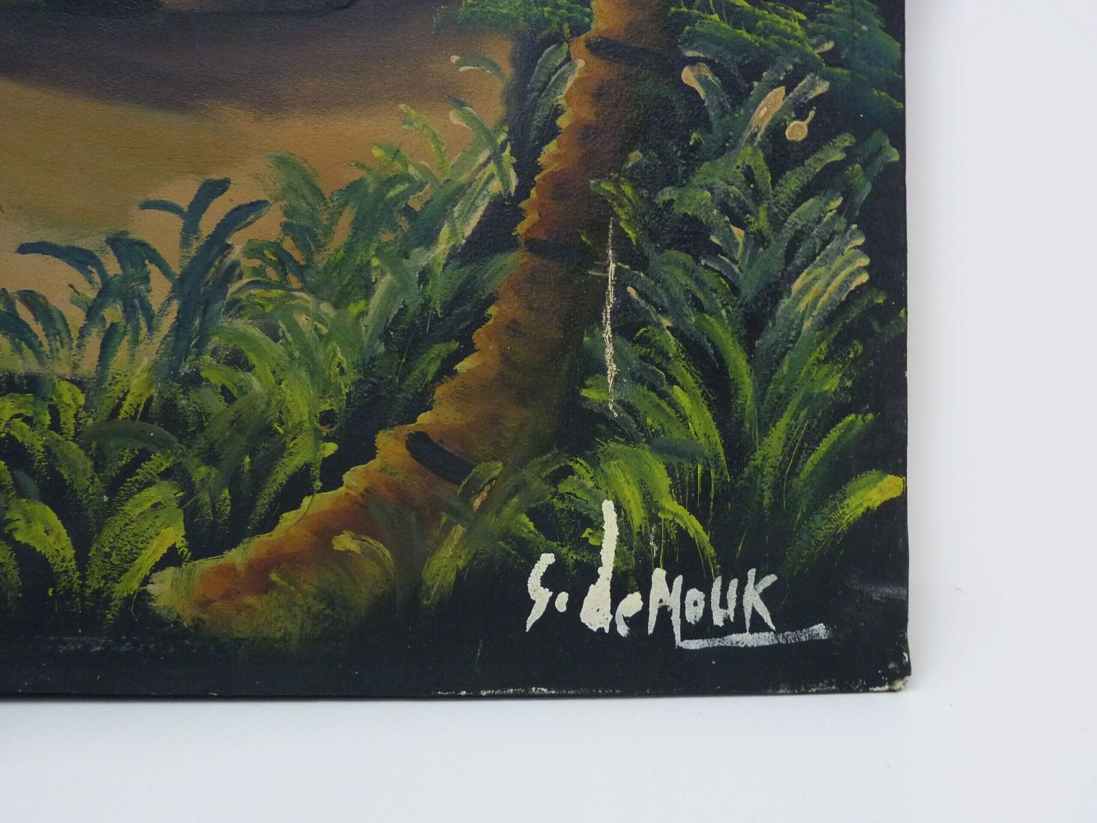 Grande huile sur toile signée S.Demouk, paysage africain, huile ethnique photo vintage