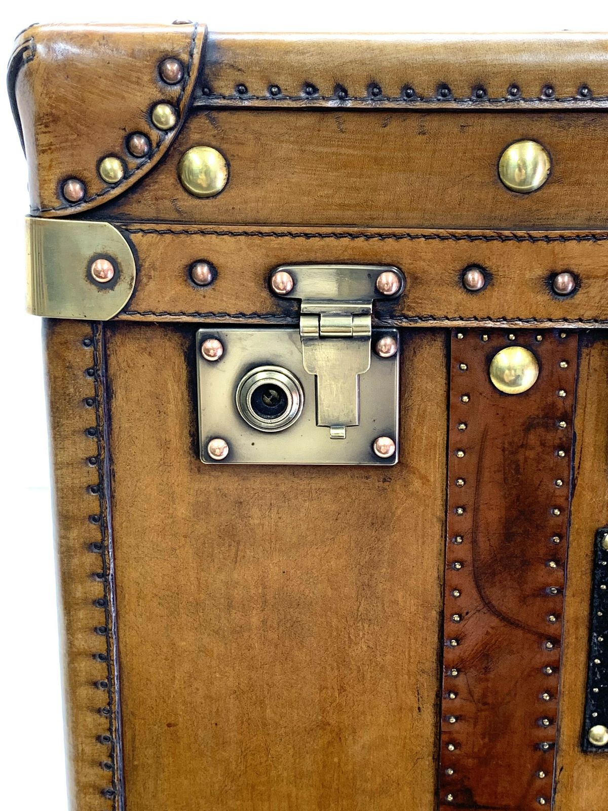 Vintage Style Trunk   Leather With 2 Brass Locks And Royal Coat Of Arms To The Top photo furniture