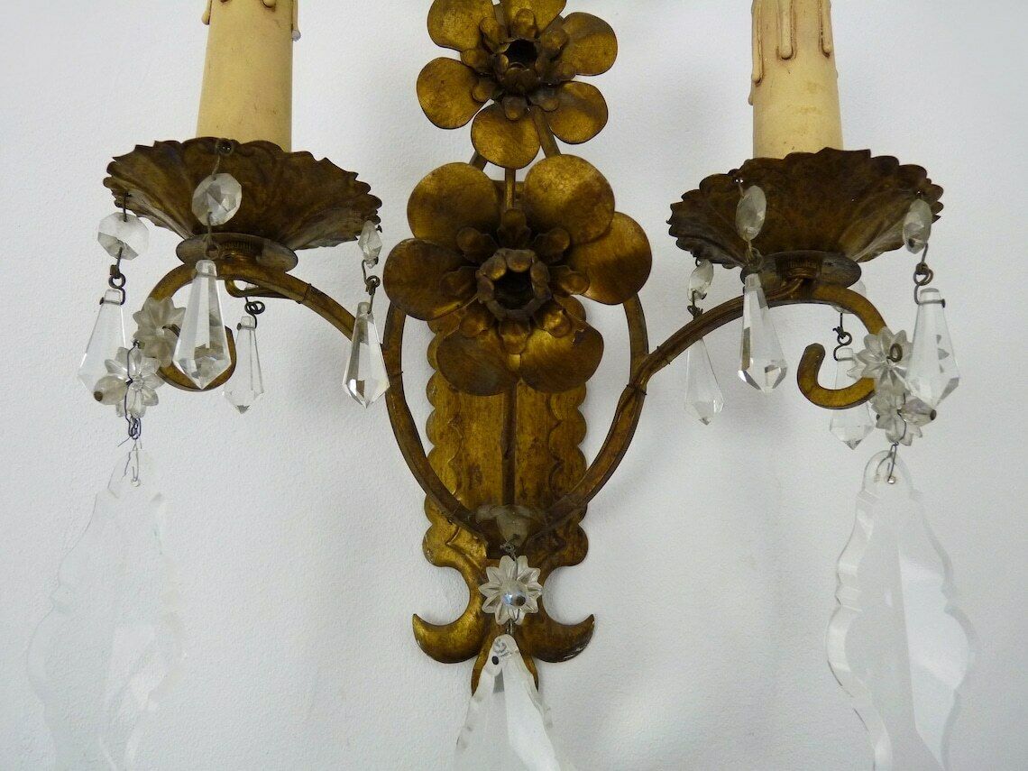 Magnificent Pair Of Vintage Italian Wall Lights In Gilded Metal, Glass Pendants. photo buy