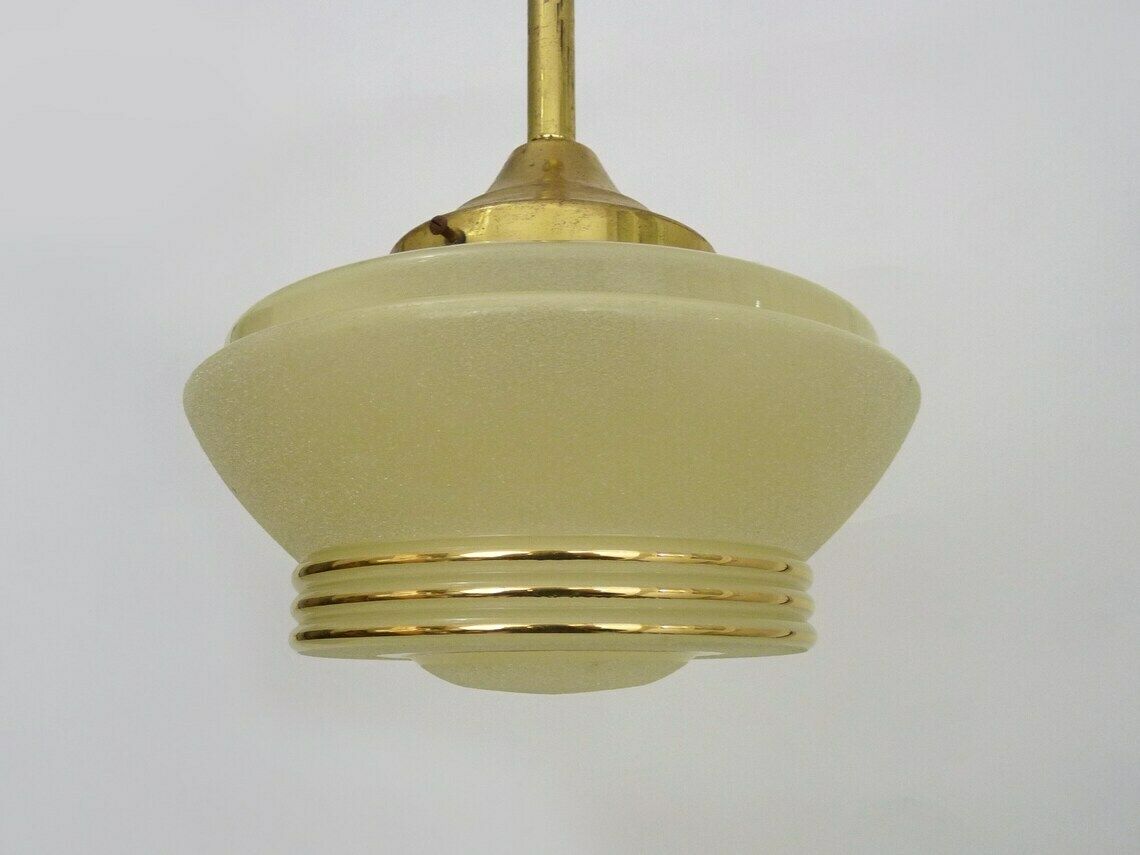 Granite Yellow Globe Suspension, Golden Edging, Old Art Deco Lampshade photo Lighting
