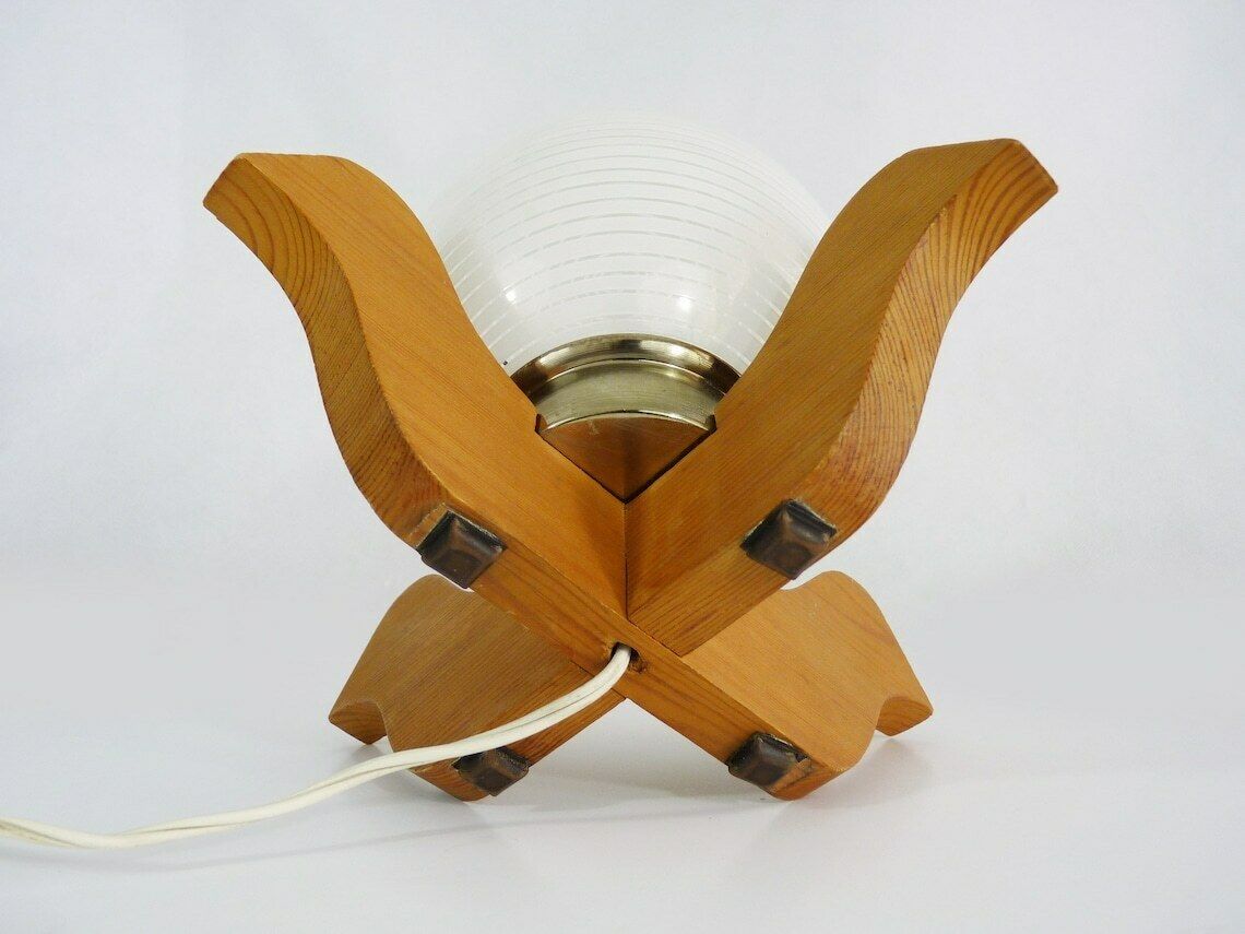 Vintage Chandelier In Wood And White Globe. Old Light Fixture. Wood Chandelier photo vinterior