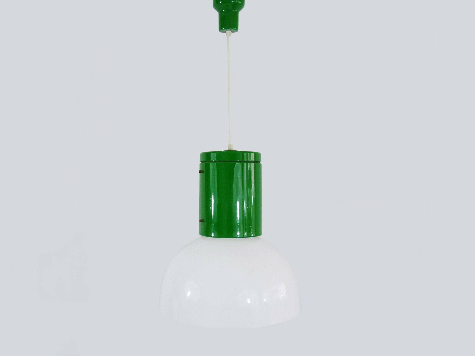 Vintage Industrial Pendant Lamp In Green Metal And White Plastic Lampshade.