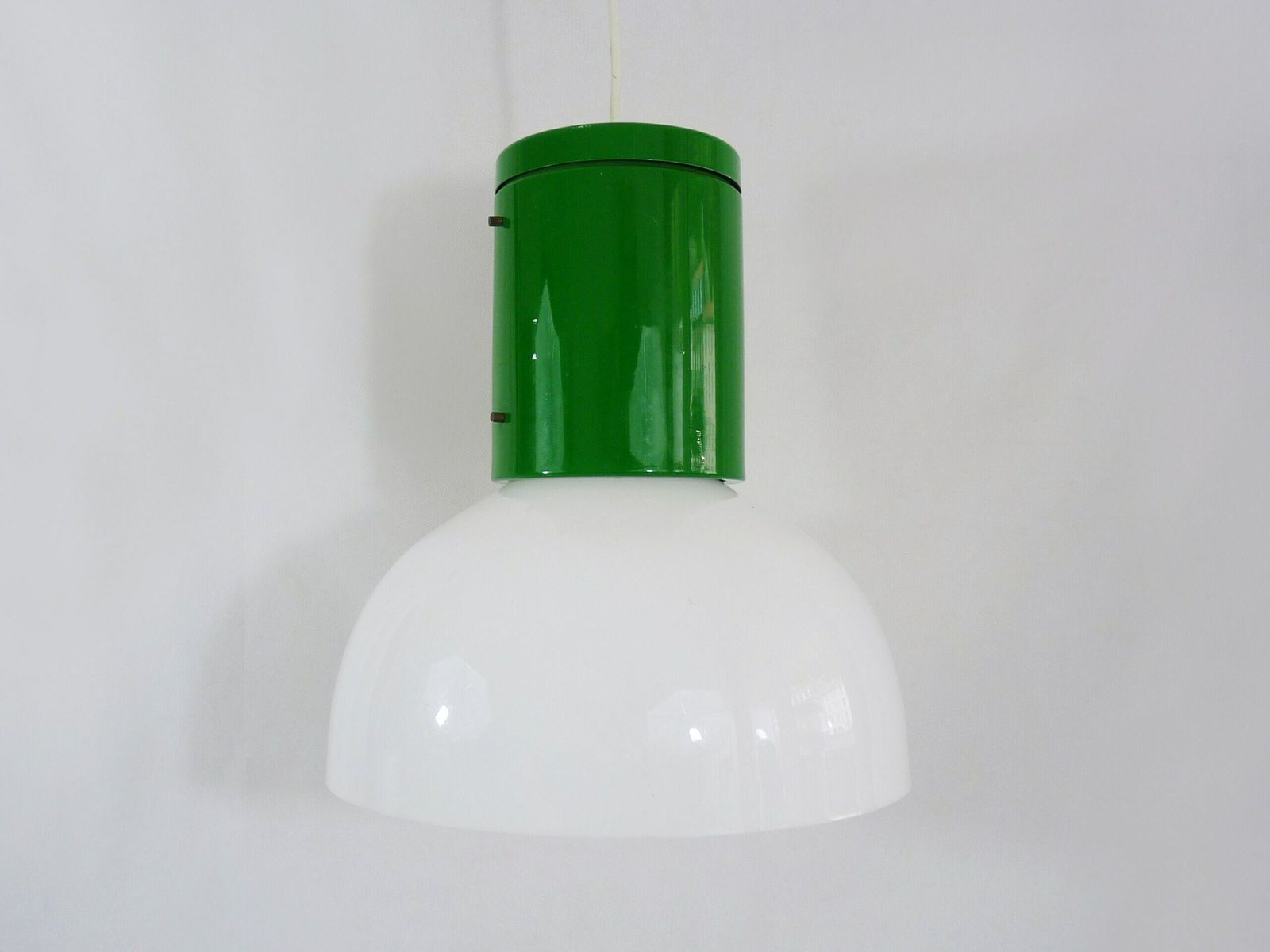 Vintage Industrial Pendant Lamp In Green Metal And White Plastic Lampshade. photo for sale
