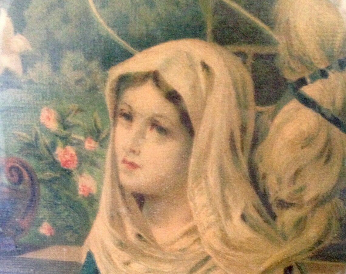 Great And Beautiful Engraving Lithography, Under Glass In Its Wooden Frame, Of The Holy Family Jesus, Mary, Joseph. Nineteenth Century photo vintage