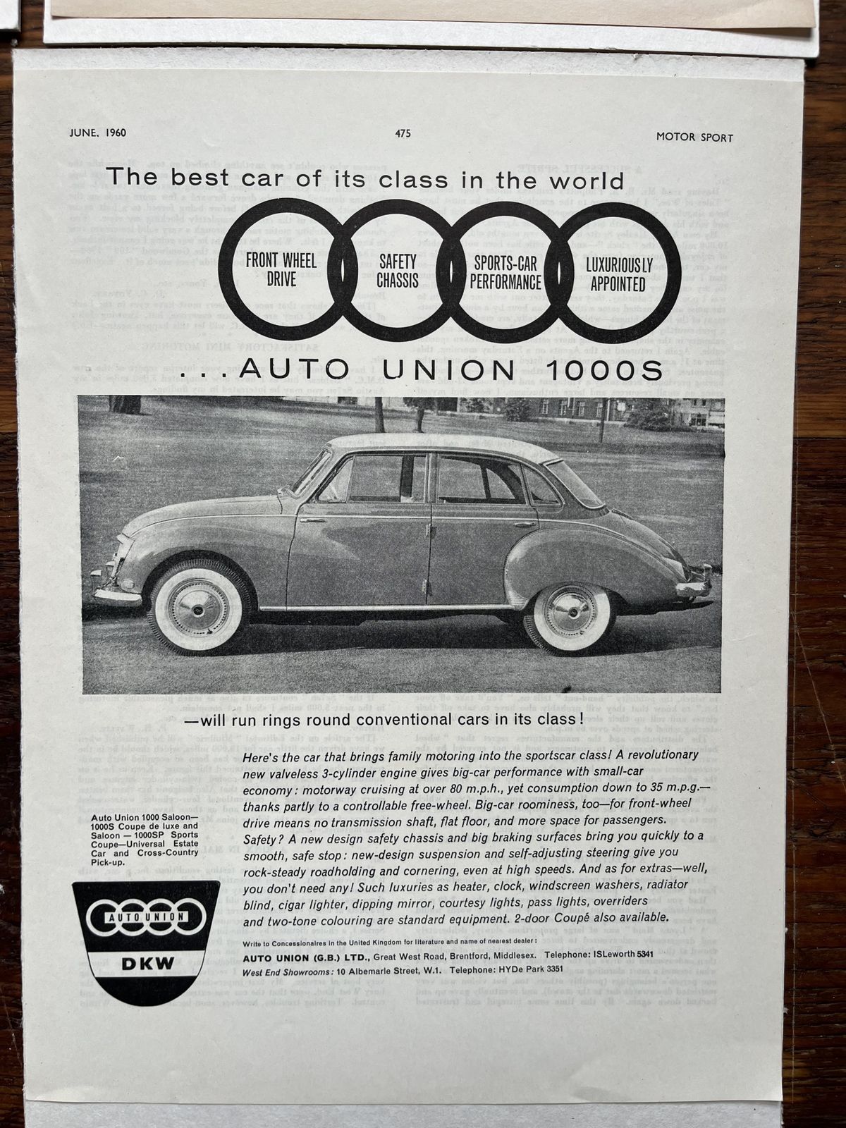 Original Audi / Auto Union Advertising Print 1960s photo vinterior