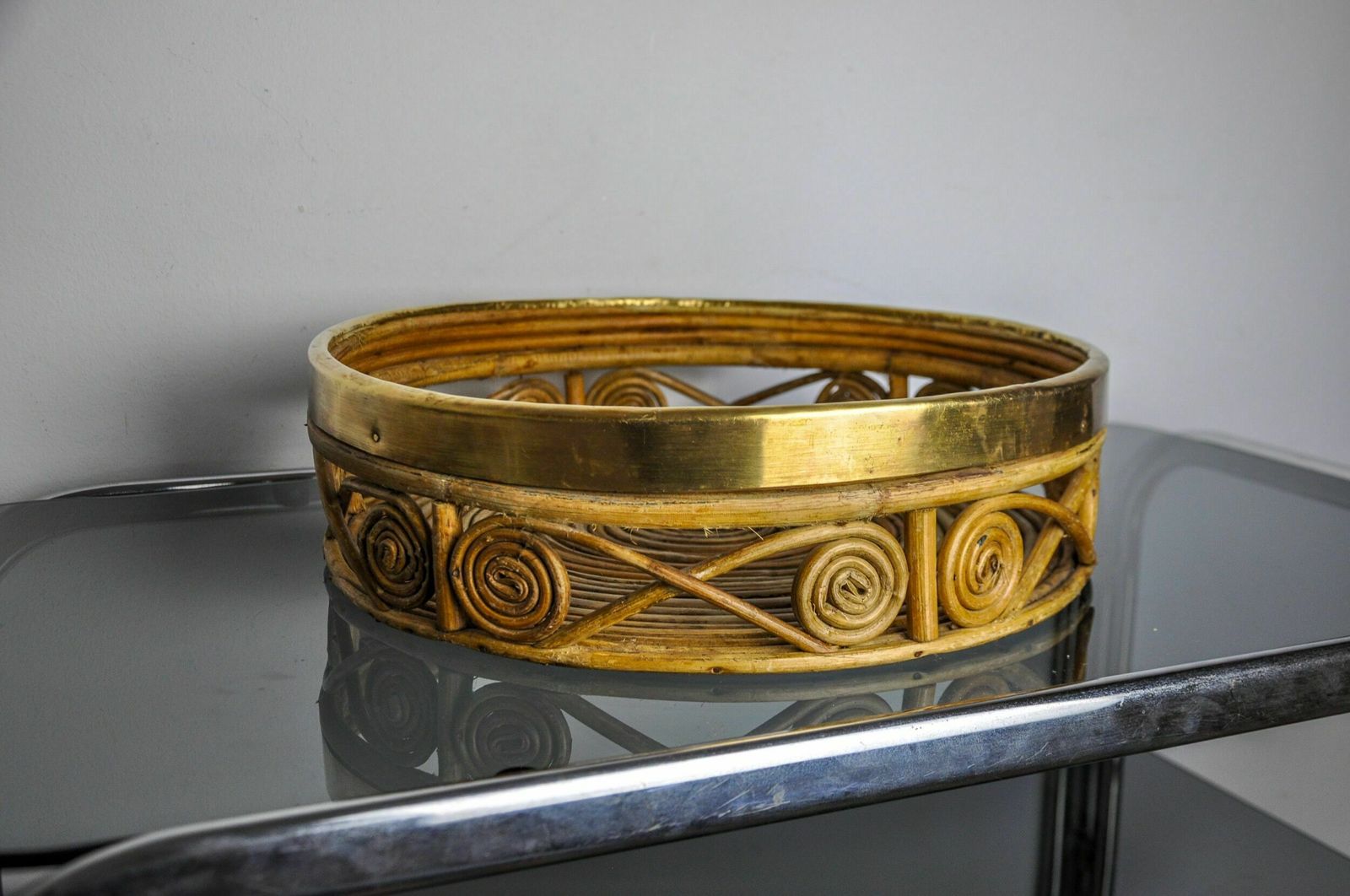 Rattan And Brass Centerpiece, Italy, 1970 photo for sale