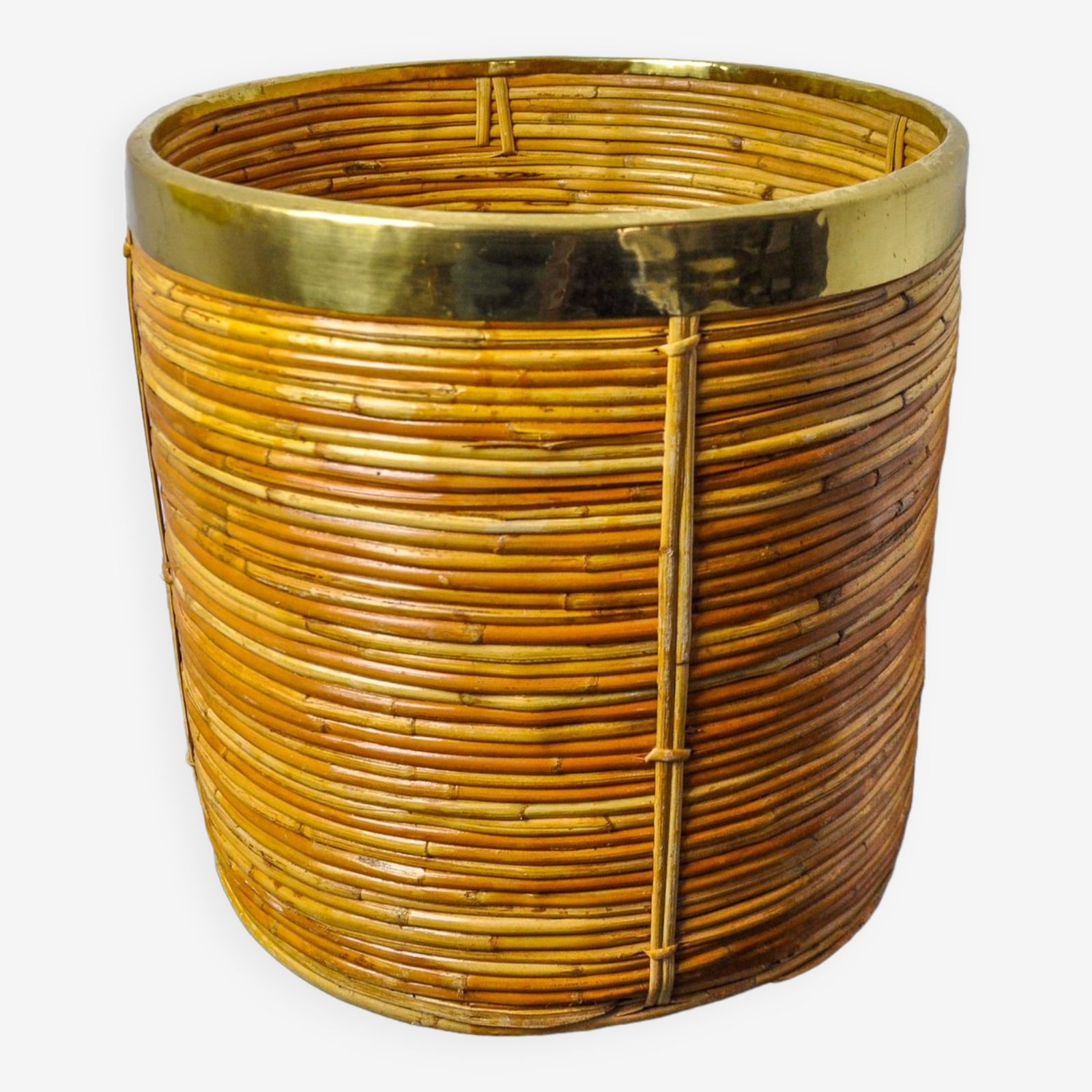 Xl Basket In Rattan And Brass, Italy, 1970