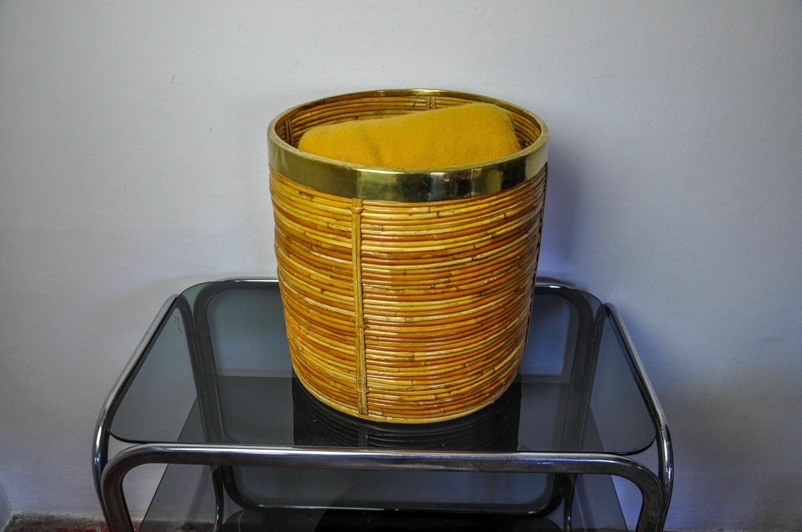 Xl Basket In Rattan And Brass, Italy, 1970 photo buy