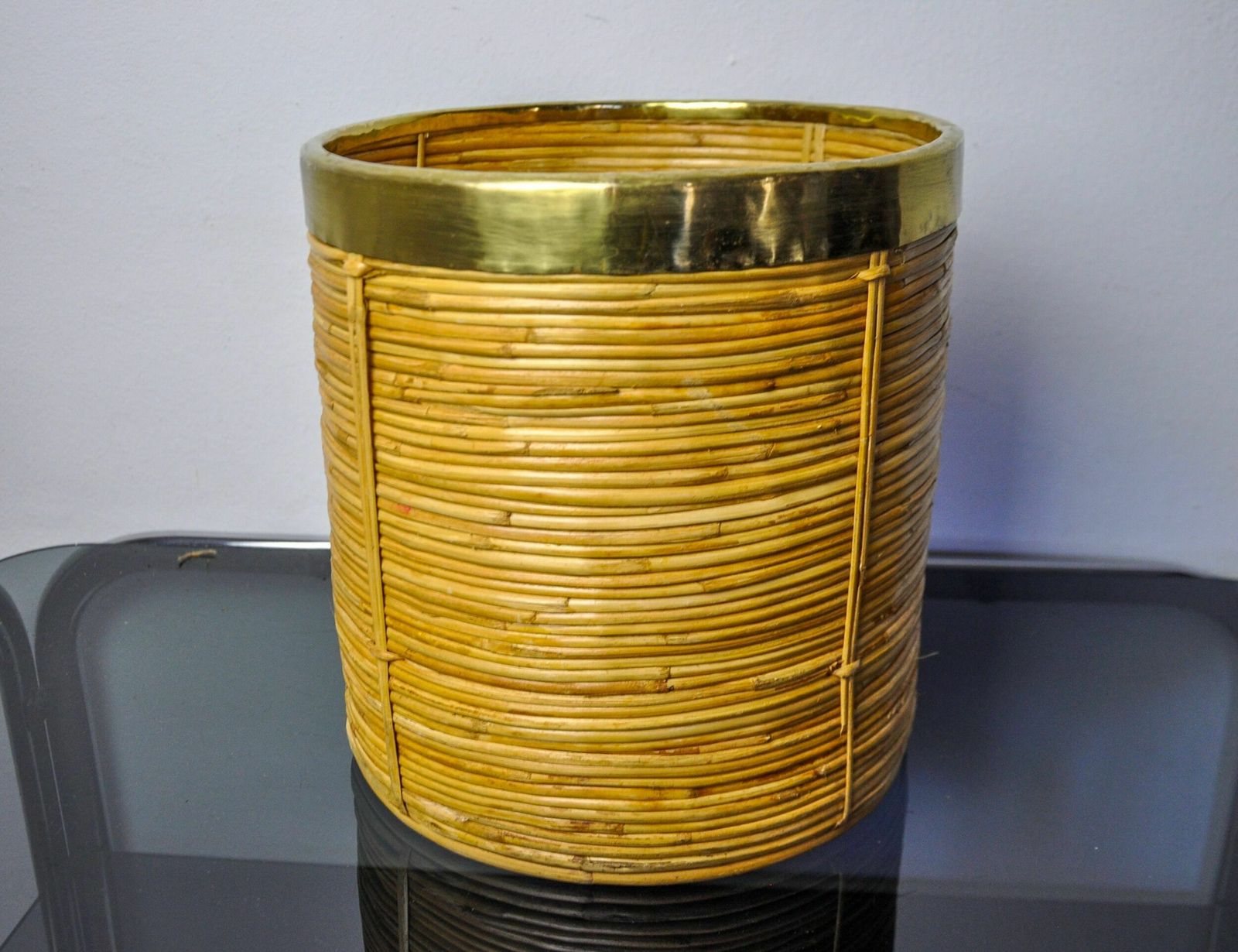 Rattan And Brass Book Holder Basket, Italy, 1970 photo furniture