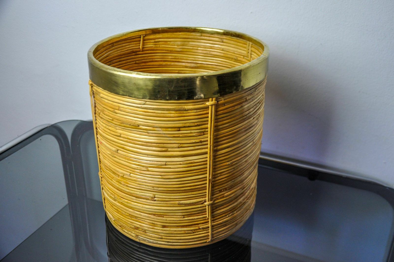 Rattan And Brass Book Holder Basket, Italy, 1970 photo 671.0