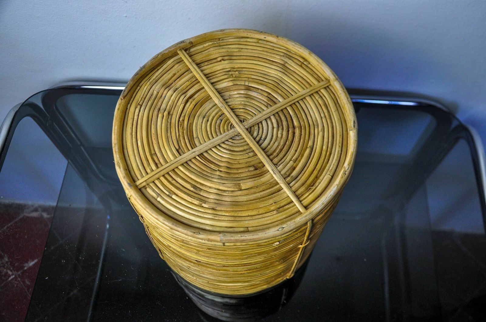 Rattan And Brass Book Holder Basket, Italy, 1970 photo vintage