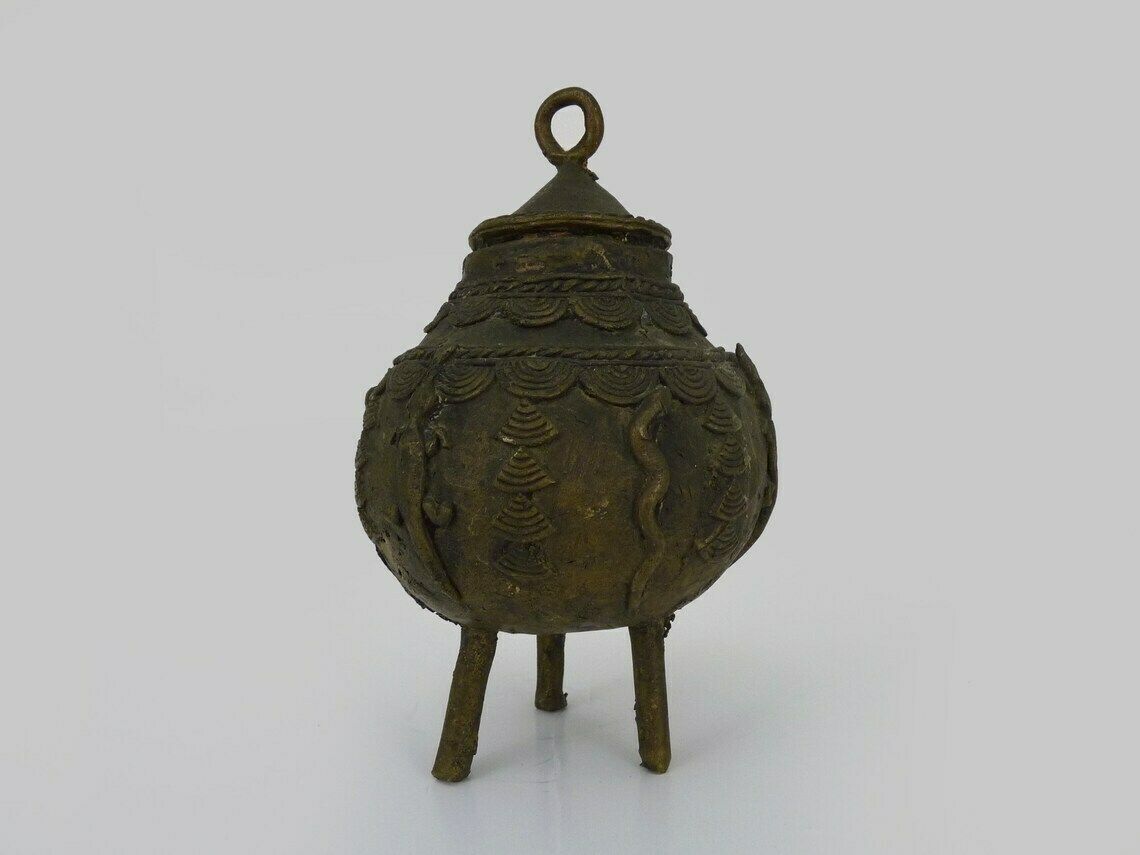 Ointment Pot, Bronze Urn. Dogon Mali. Decor Bird, Lizard, Snake. African Art photo furniture