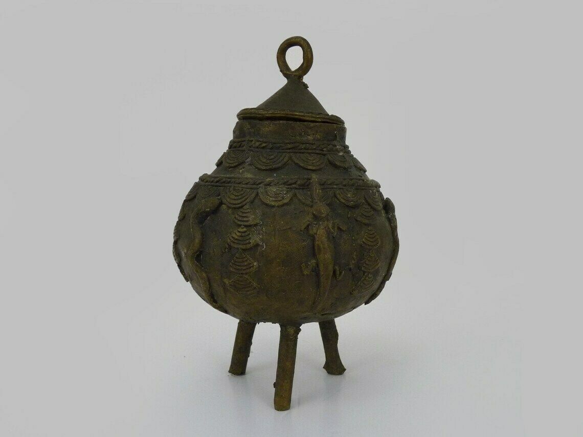Ointment Pot, Bronze Urn. Dogon Mali. Decor Bird, Lizard, Snake. African Art photo for sale