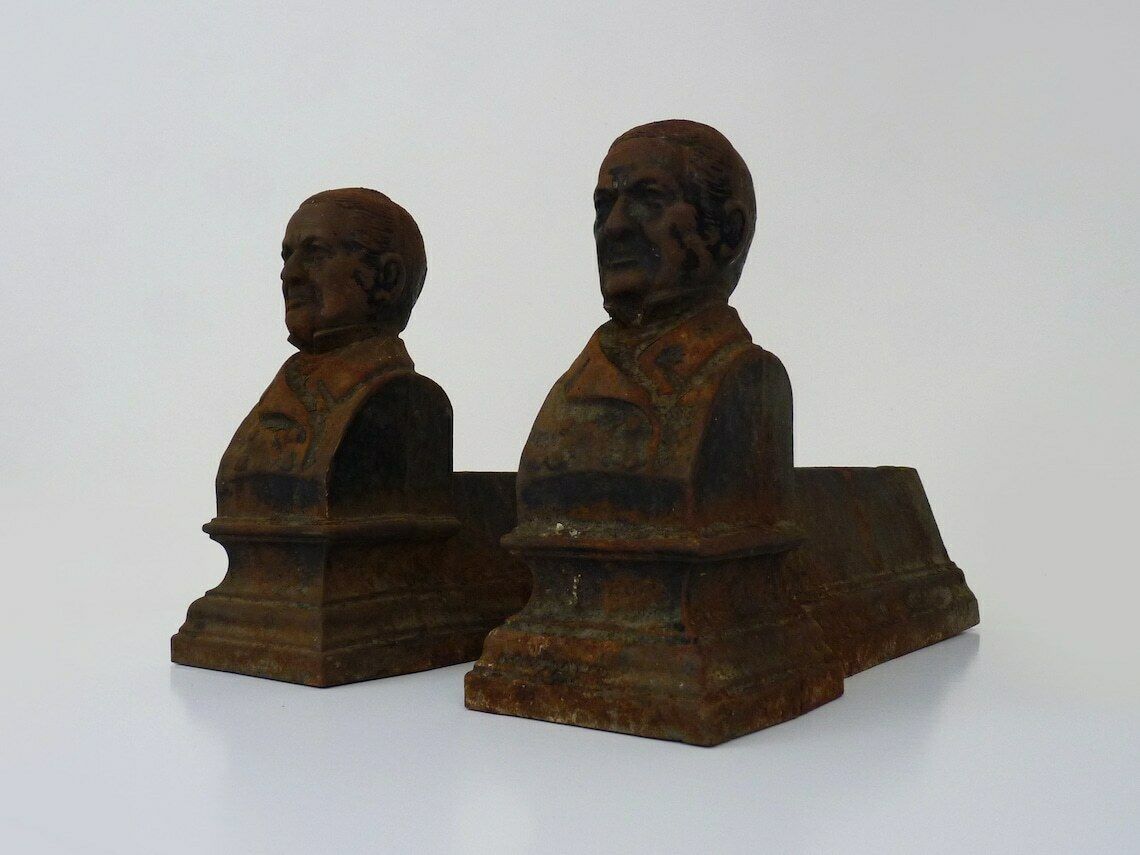 Pair Of Cast Iron Fireplace Andirons Portrait Adolphe Thiers (President France). France 19th Century. photo furniture