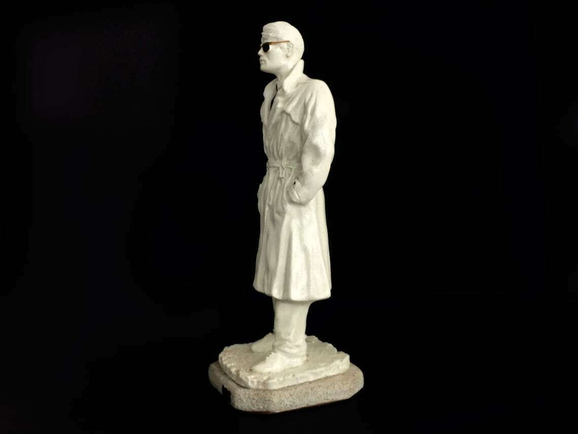 Large Vintage Statue By Urregui In Terracotta, Standing Man With Black Glasses And Trench Coat photo buy