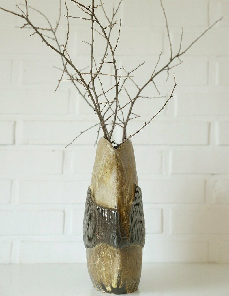 Large Ceramic Bud Vase / Floor Pampas Grass Vase / Fat Lava Pottery / Mid Century Modern / Made In Germany 1970's photo vinterior