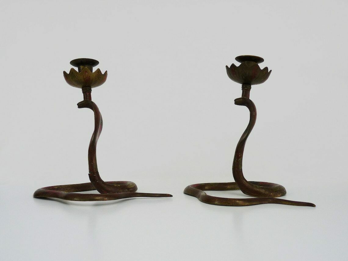 Pair Of Antique Bronze Cobra Candlesticks With Detailed Engraving. Around 1950 photo for sale