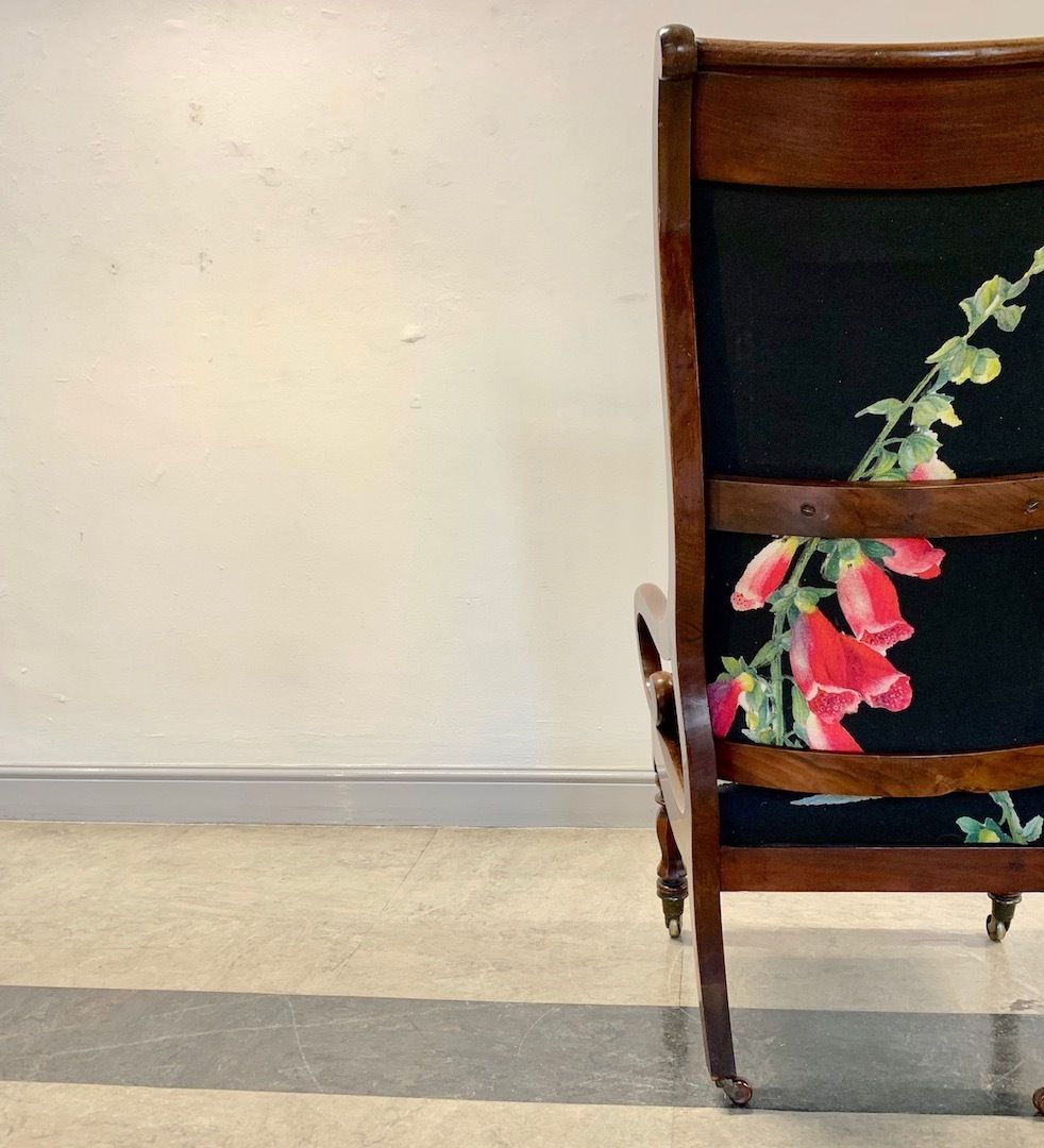 Digitalis Chair (A William Lv Scroll Arm Chair With Flame Mahogany Detail Headrest And A Bespoke Foxglove Design Fabric) photo Furniture