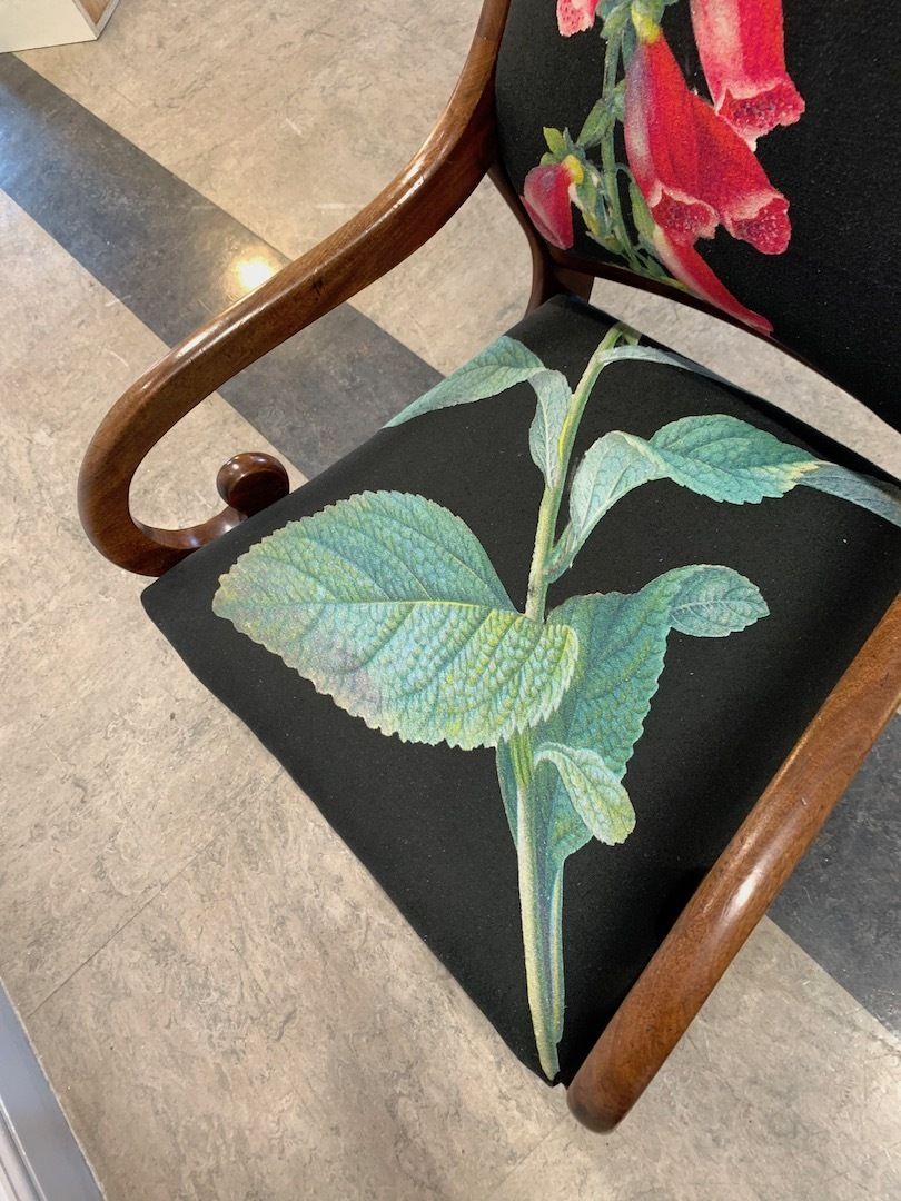 Digitalis Chair (A William Lv Scroll Arm Chair With Flame Mahogany Detail Headrest And A Bespoke Foxglove Design Fabric) photo vinterior