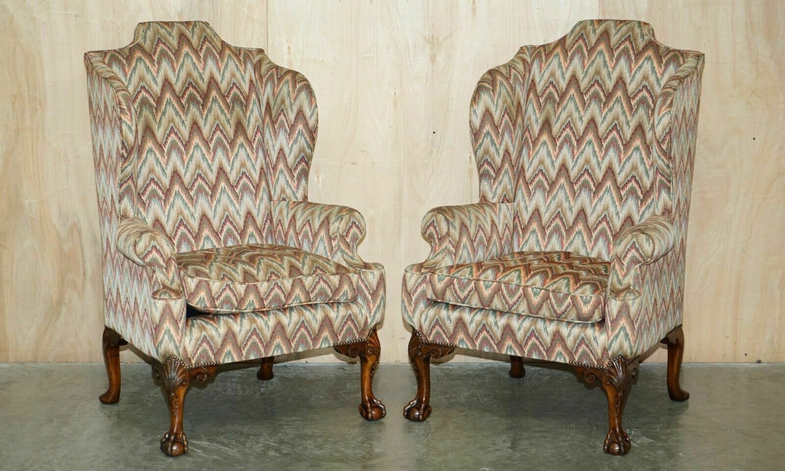 Pair Of Antique Kilim Fabric Wingback Armchairs Ornately Carved Claw & Ball Feet photo furniture