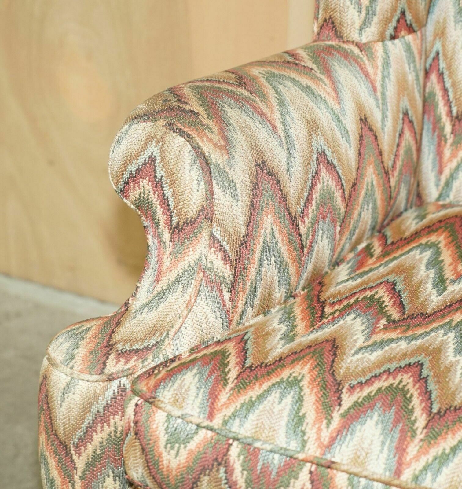 Pair Of Antique Kilim Fabric Wingback Armchairs Ornately Carved Claw & Ball Feet photo vintage
