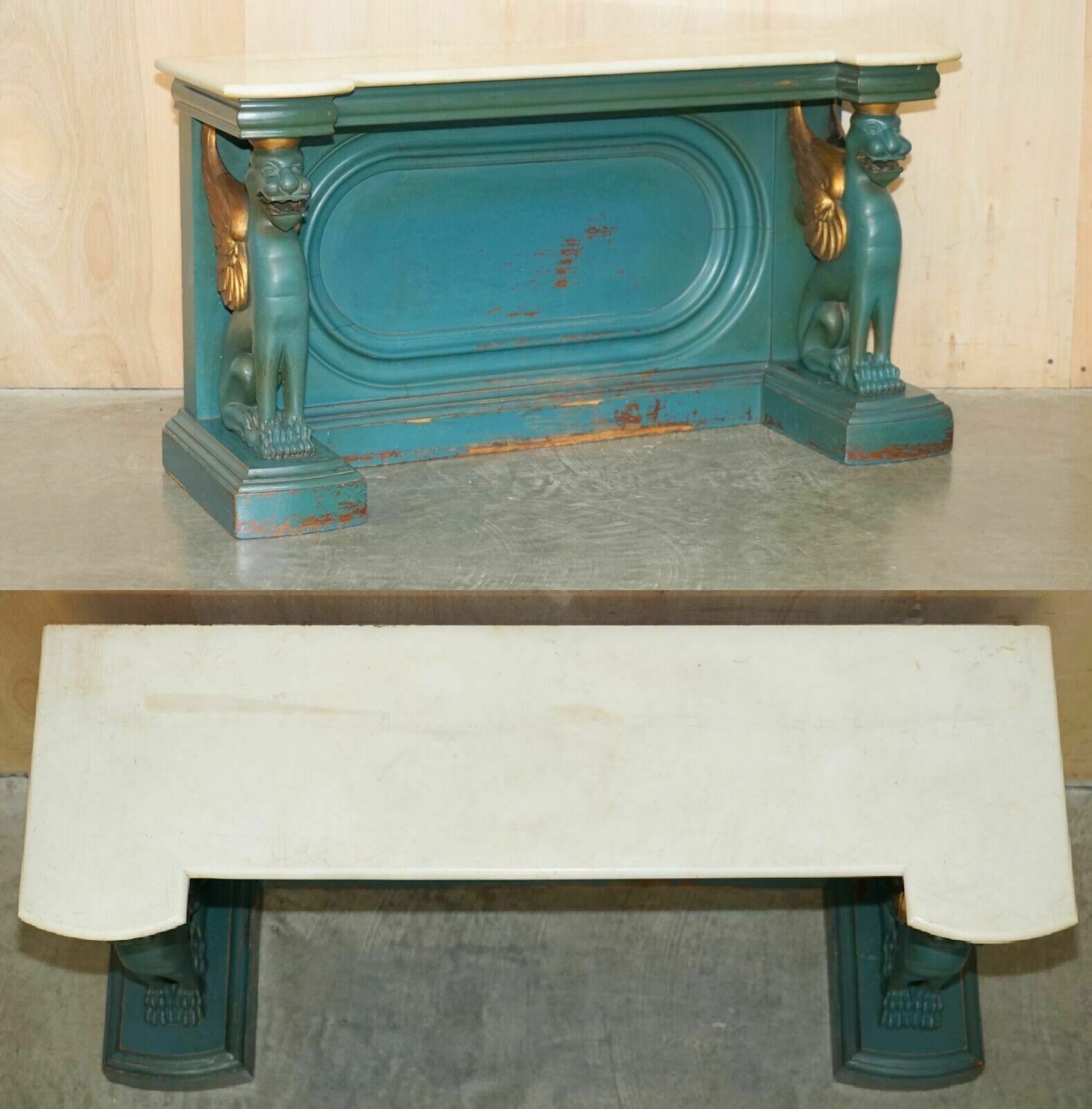 Antique Circa 1880 Hand Carved With Griffin's, Carrara Marble Top Console Table