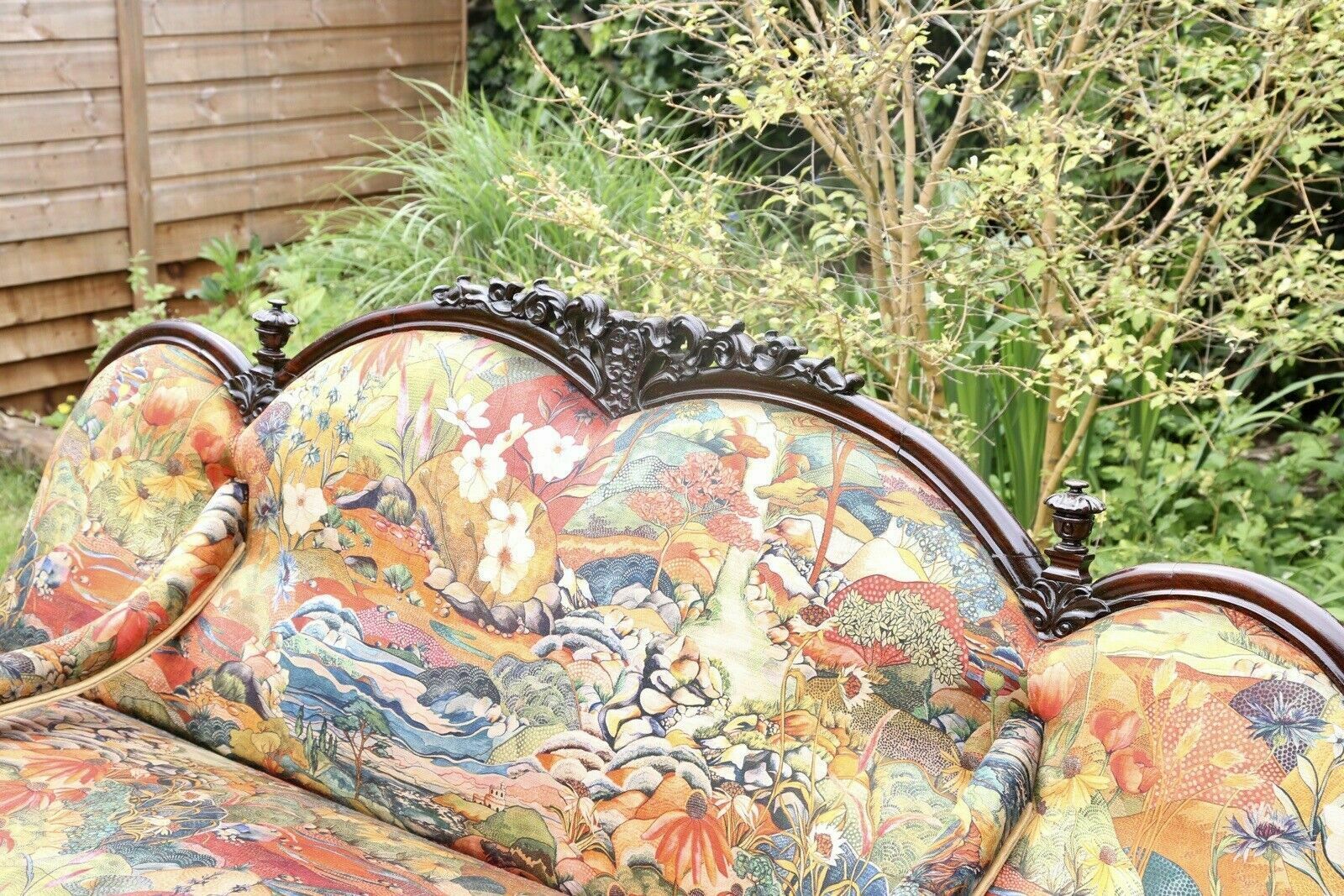 photo furniture Fine Victorian Antique Rosewood Conversation Seat With Osborne & Little Fabric