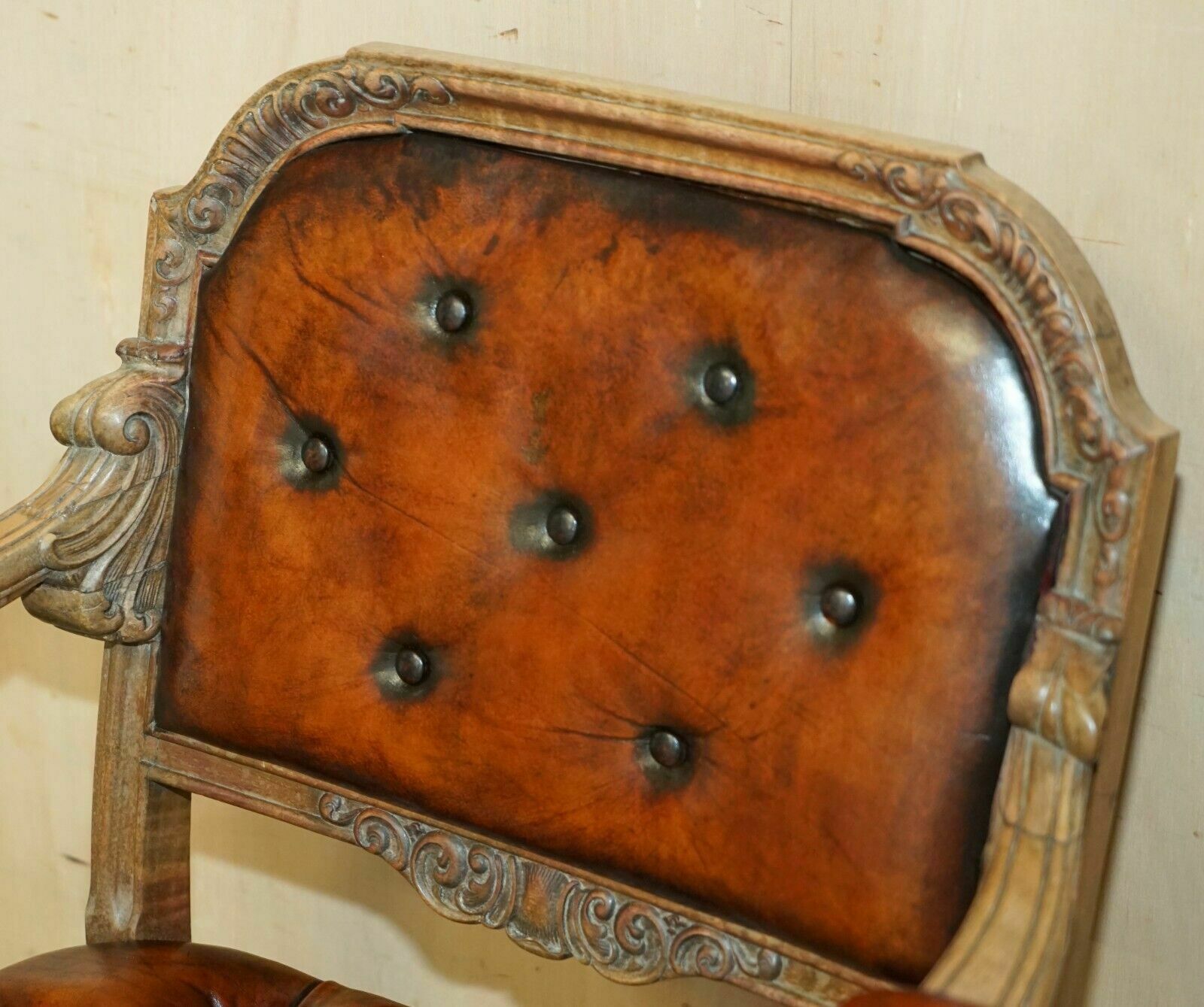 Very Fine Restored Antique Chesterfield William IV Oak Brown Leather Desk Chair photo 3250.0