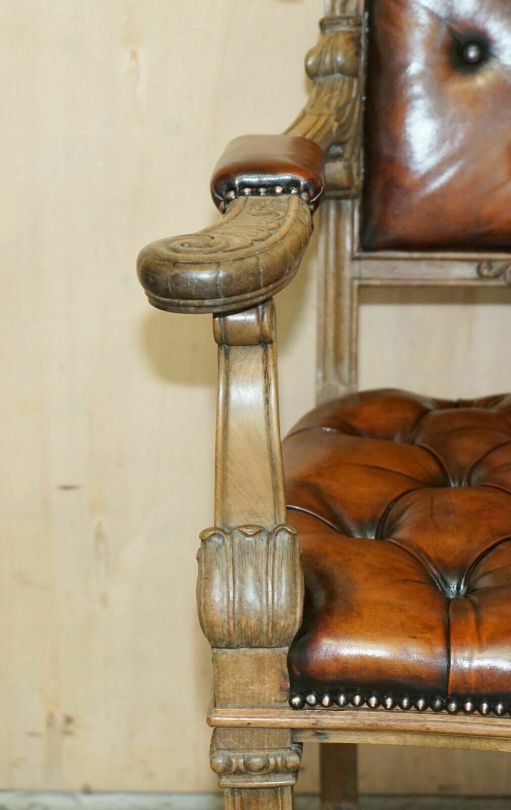 Very Fine Restored Antique Chesterfield William IV Oak Brown Leather Desk Chair photo vinterior