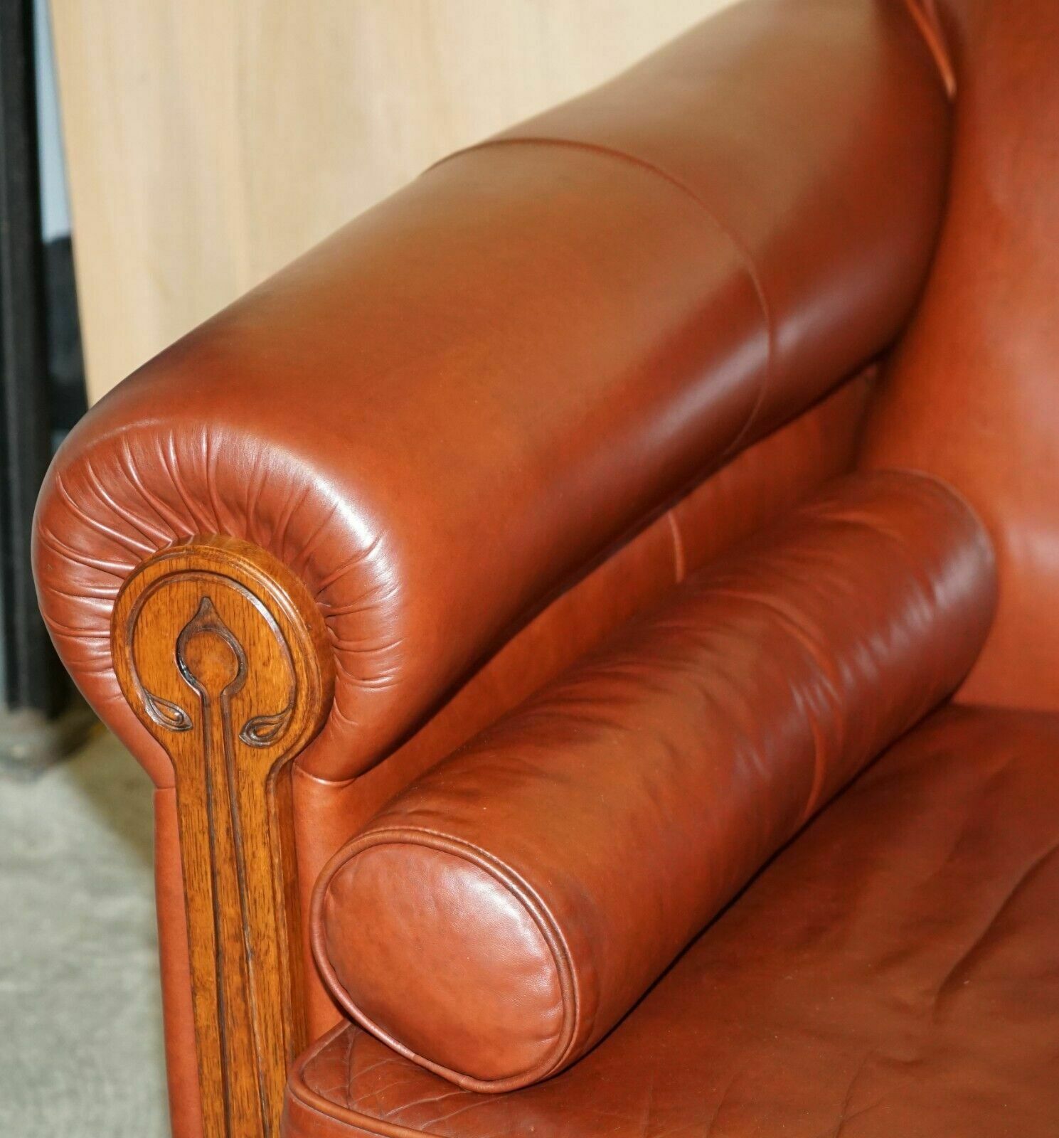 photo for sale Vintage Chestnut Brown Leather Liberty's Art Nouveau Club Sofa Carved Wood Frame