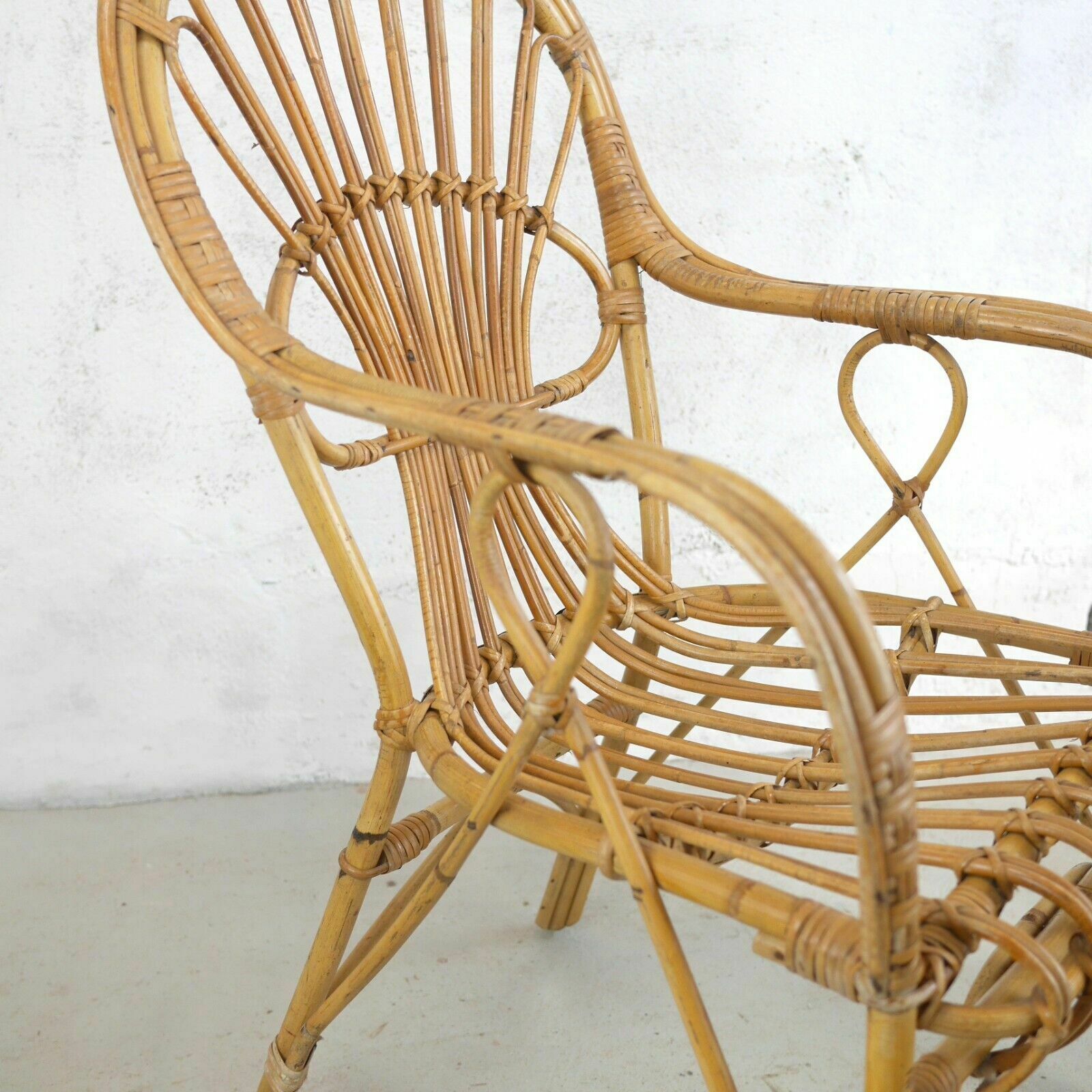 Furniture Vintage Mid Century Bamboo Cane Carver Chair Boho Tiki Franco Albini Style photo