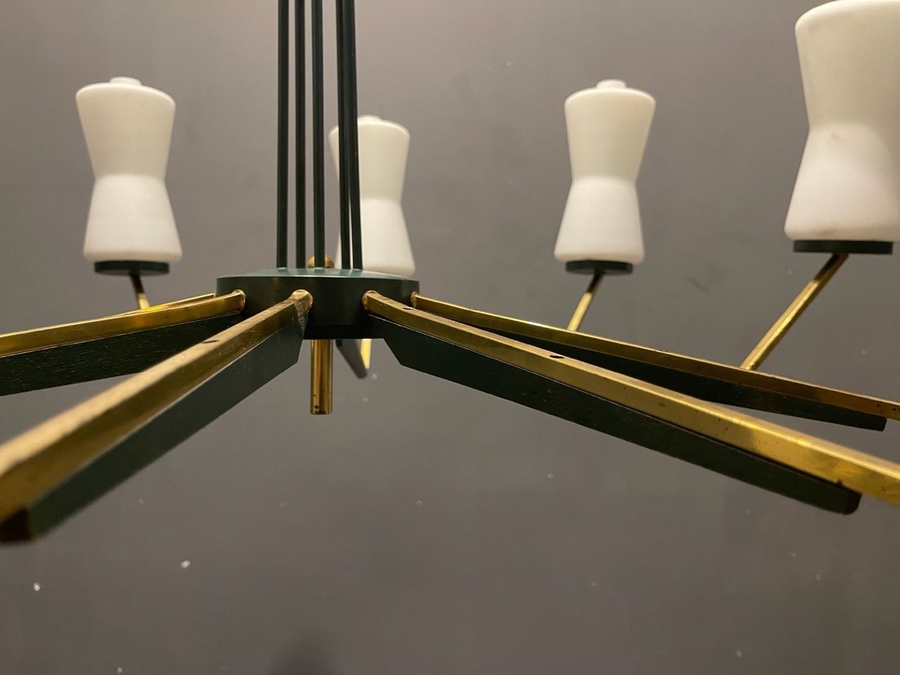 photo for sale Large Stilnovo Brass Opaline Glass Chandelier 10 Lights 1950’s