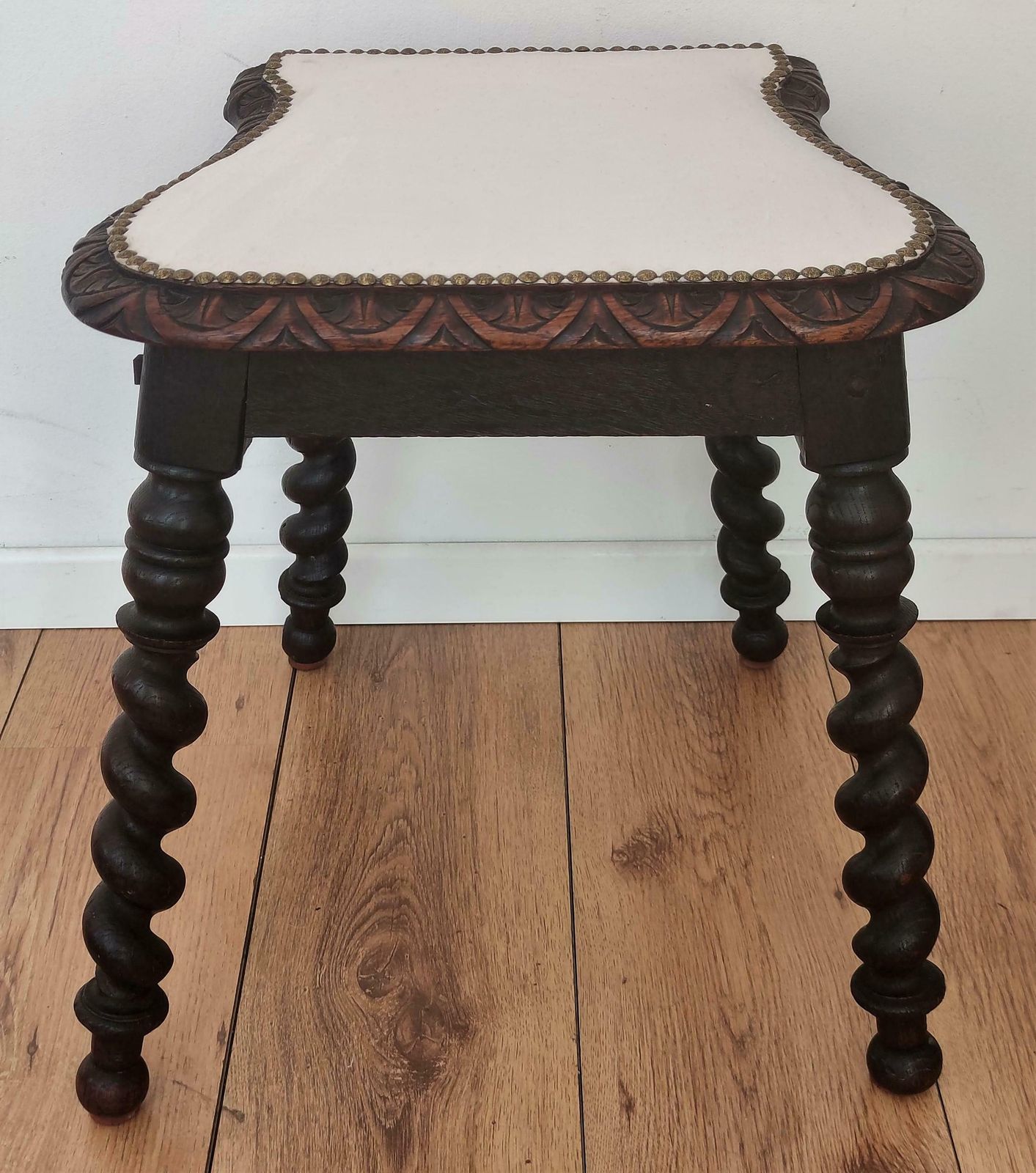 Antique Needlepoint Re Upholstered Carved Beveled Top Barley Twist Legs Stool photo for sale