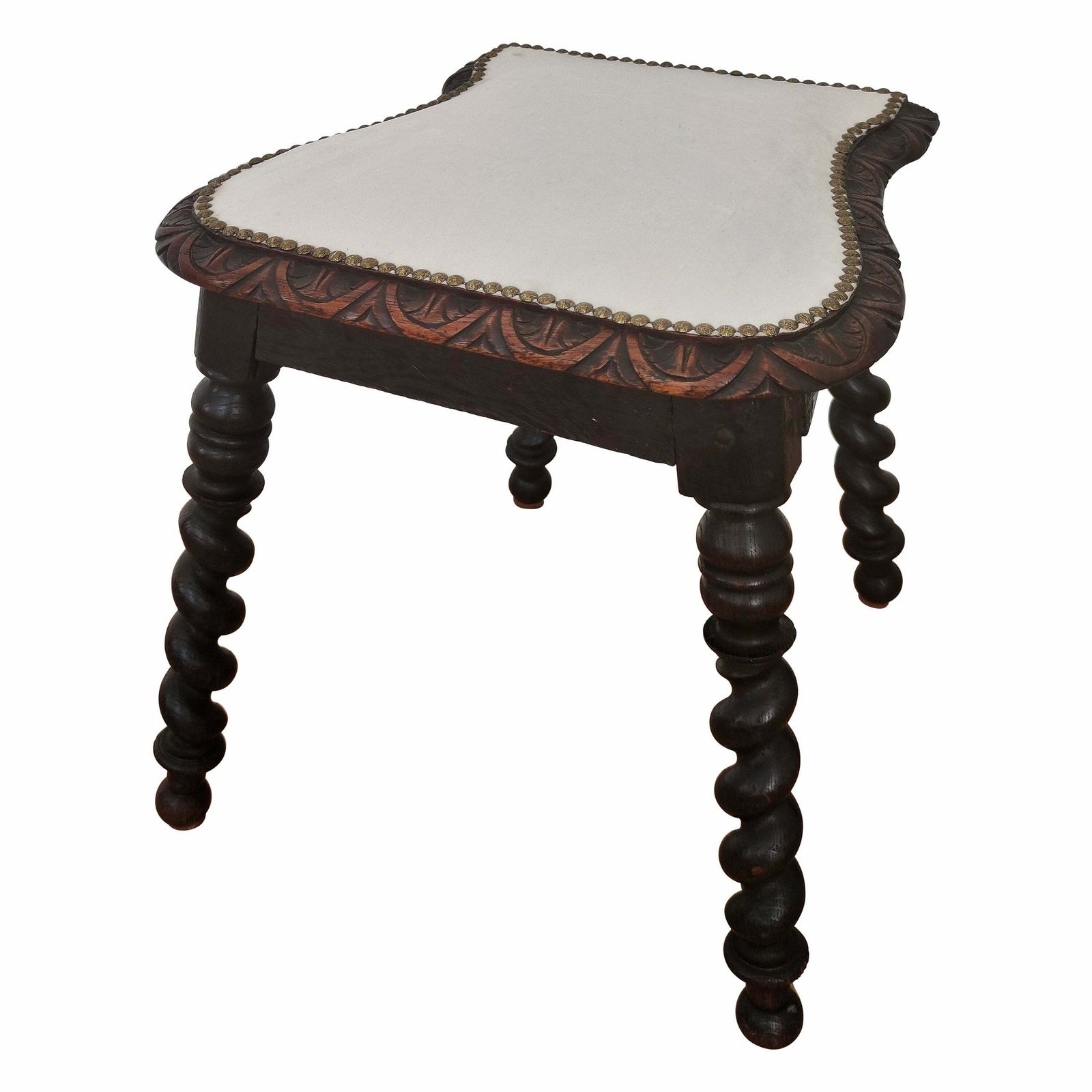 Antique Needlepoint Re Upholstered Carved Beveled Top Barley Twist Legs Stool photo vinterior