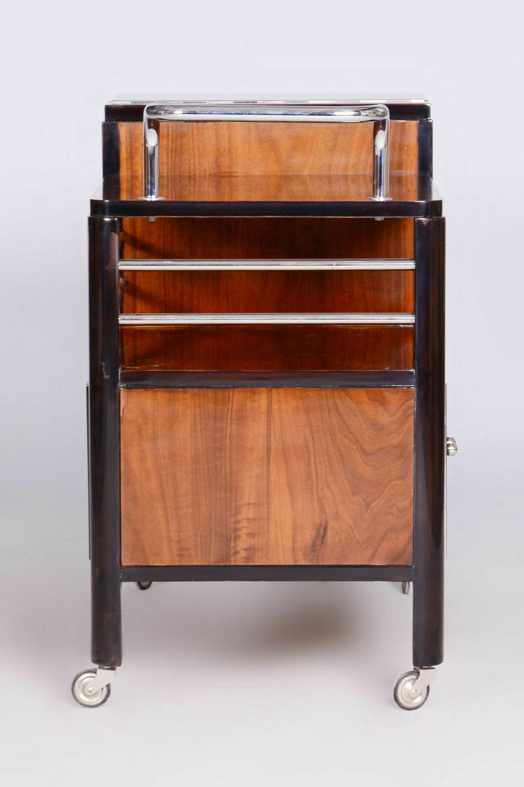 Furniture Restored Artdeco Walnut Trolley By Thonet, Chrome Plated Steel, Czechia, 1930s photo