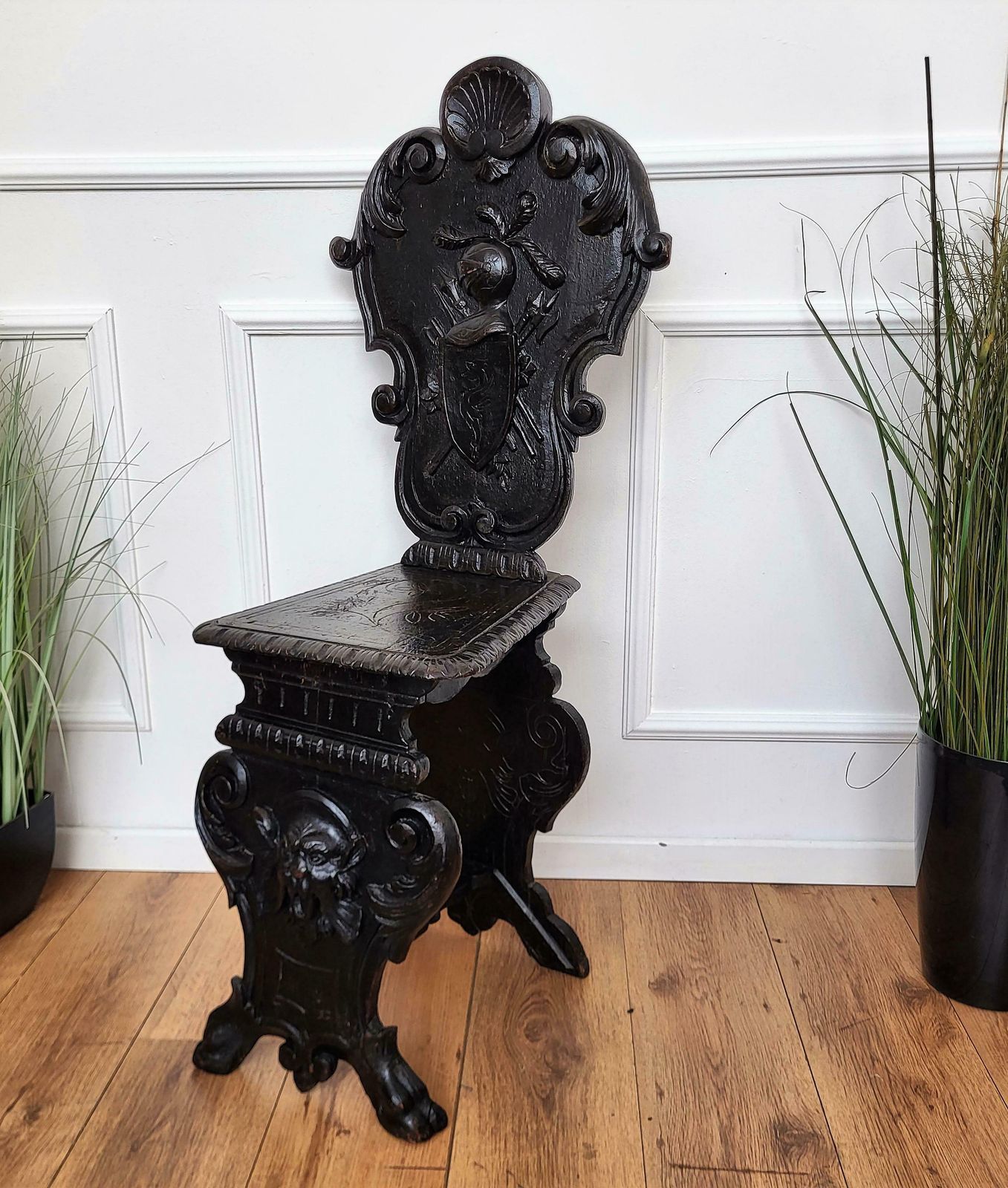 Antique Italian Carved Wood Coat Of Arms Chair photo for sale