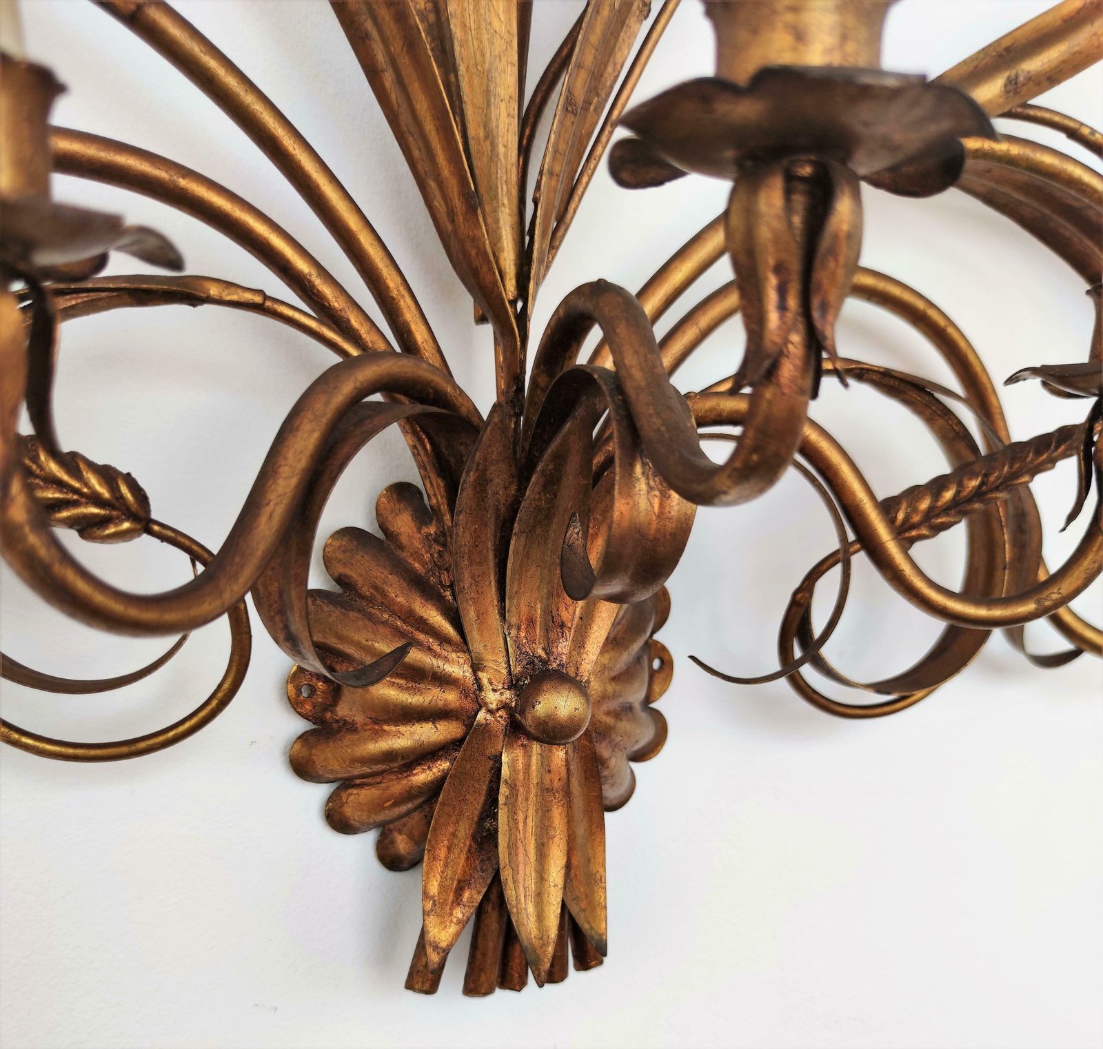 Italian Or French Mid Century Gilt Toleware Wheat Sheaf Wall Light photo for sale