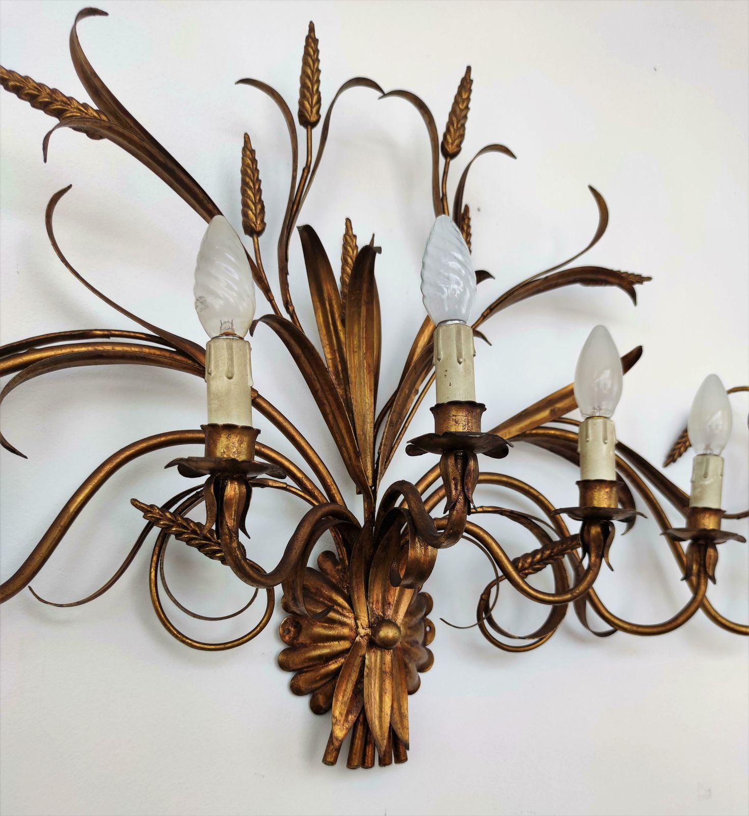 Italian Or French Mid Century Gilt Toleware Wheat Sheaf Wall Light photo Lighting