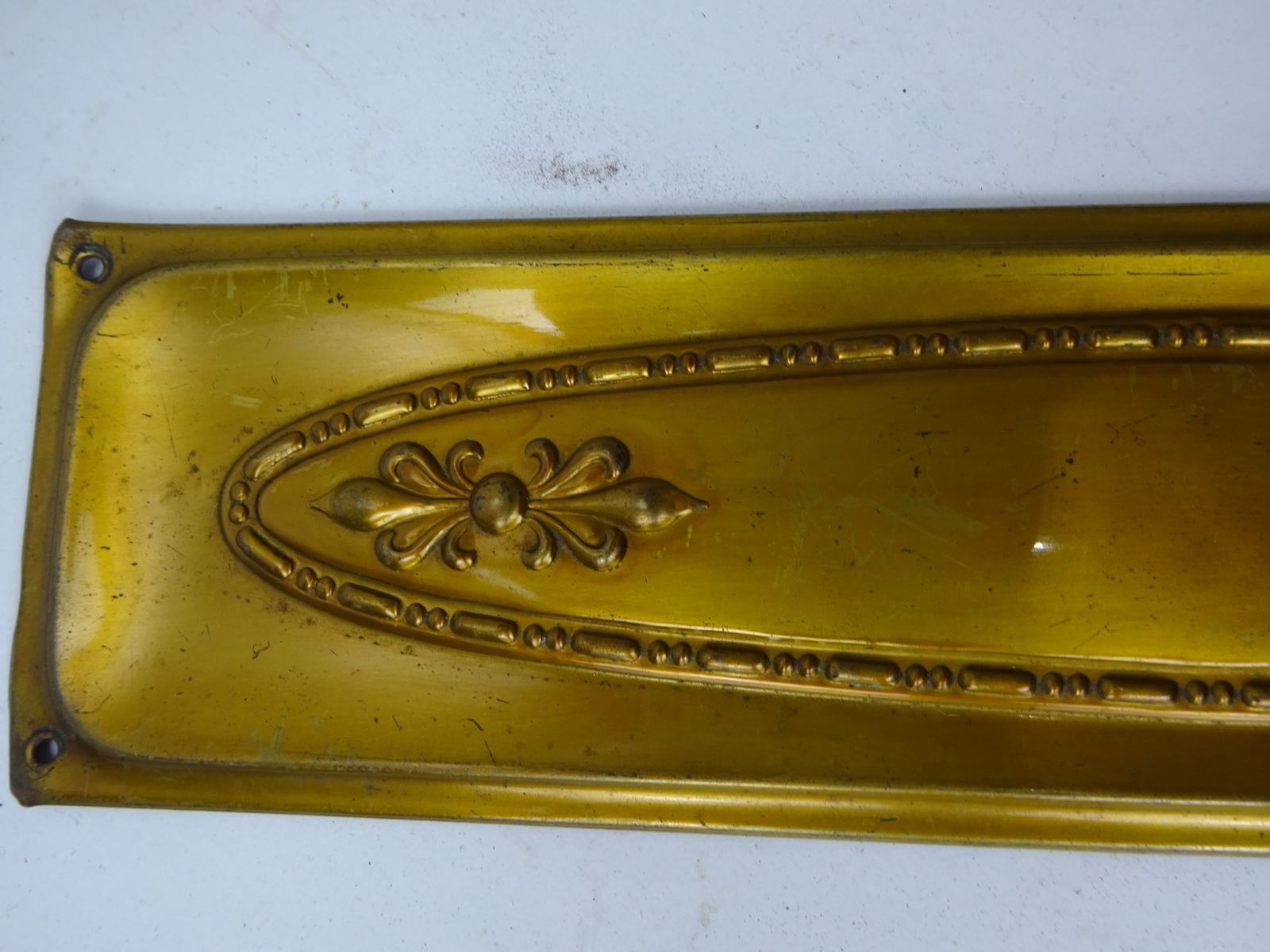 Set Of 2 Reclaimed Pressed Brass Finger Plates Dated 1912 photo vinterior