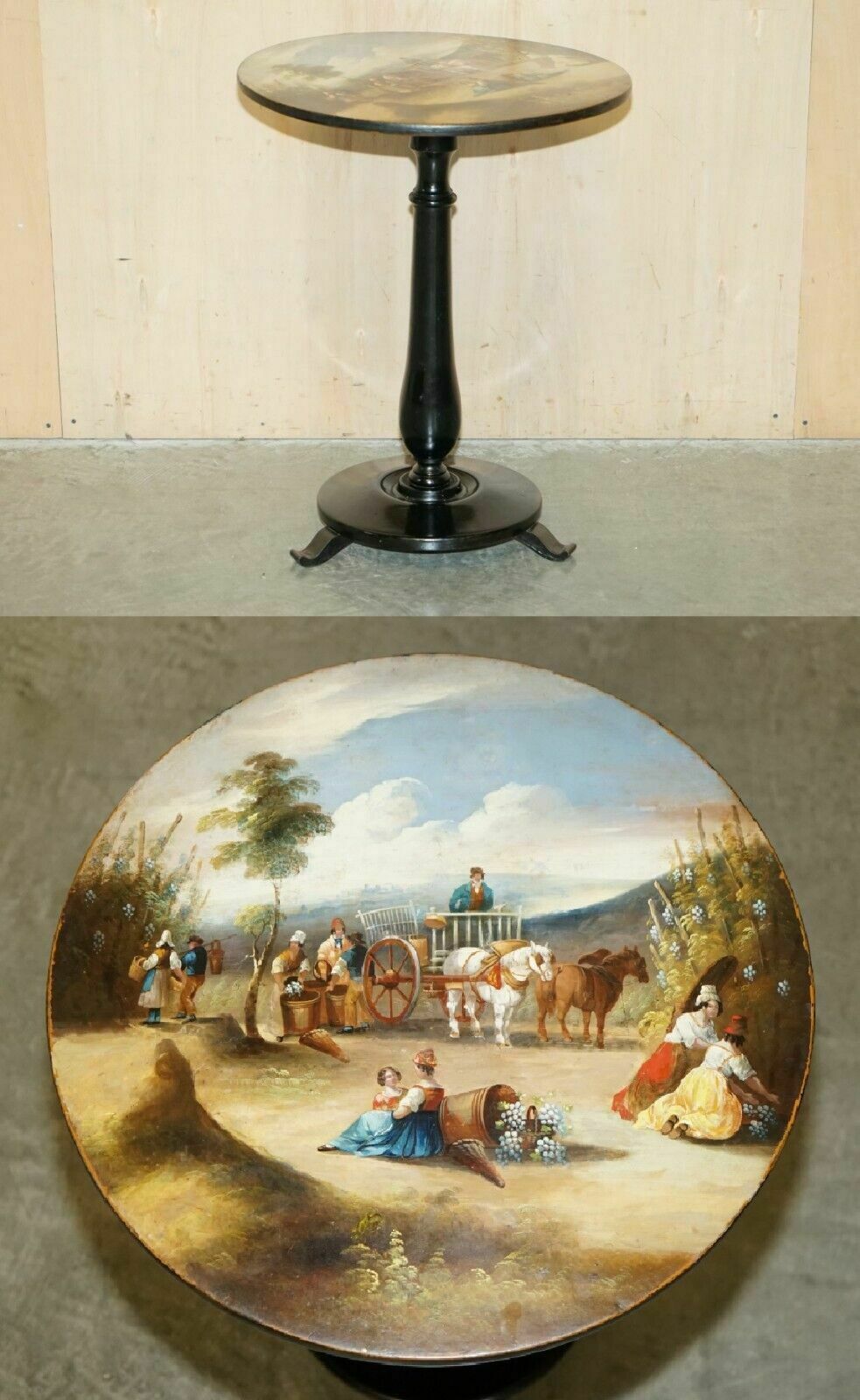 Stunning Antique Victorian Hand Painted Grape Harvest Depicted Occasional Table