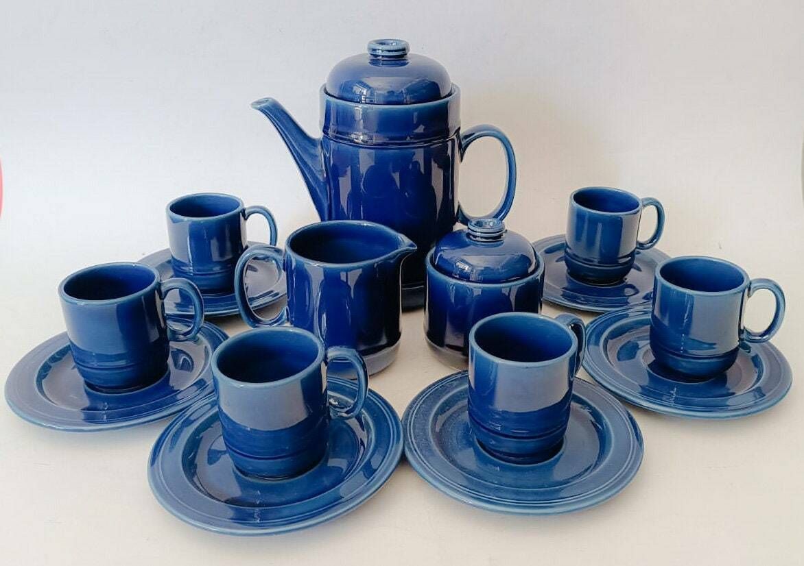 Ceramic Coffee Service Designed By Franco Pozzi In Blue Vintage Space Age From The 70s For 6 People