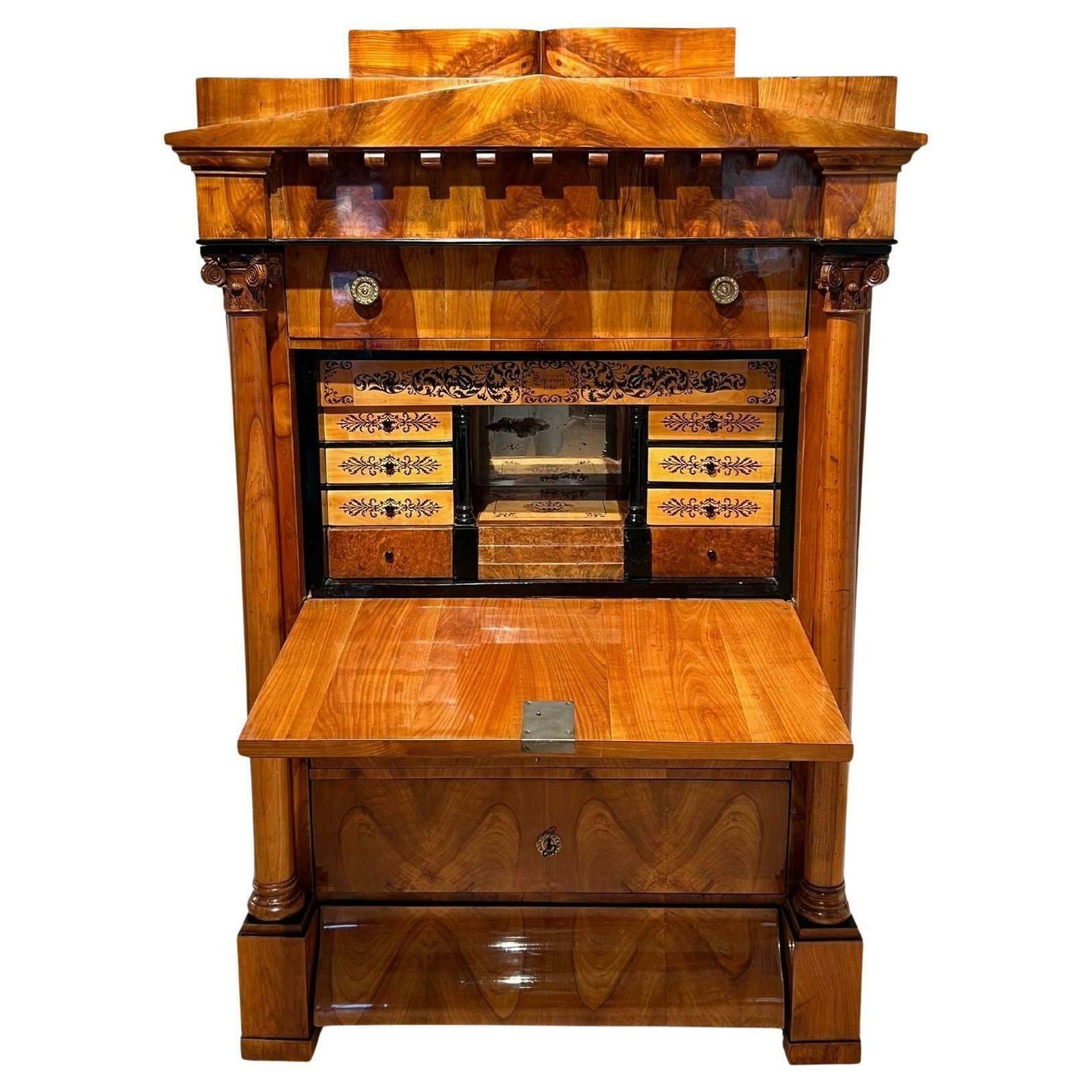 Biedermeier Secretaire, Cherry, Maple, Inlays, Brass, South Germany Circa 1830