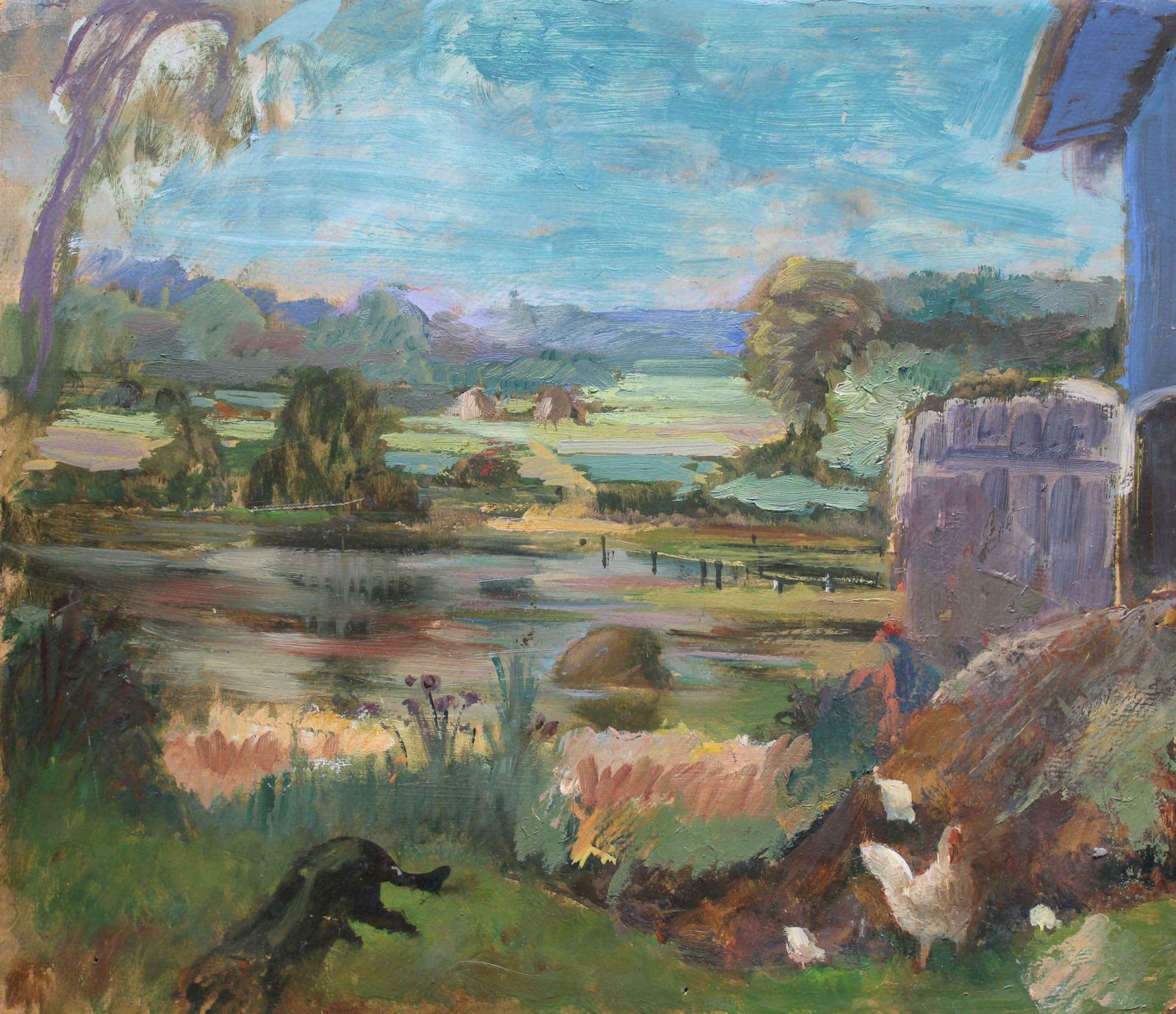 Aleksandra Belcova Behind The Barn 1950s. Oil On Cardboard. Circa 1950